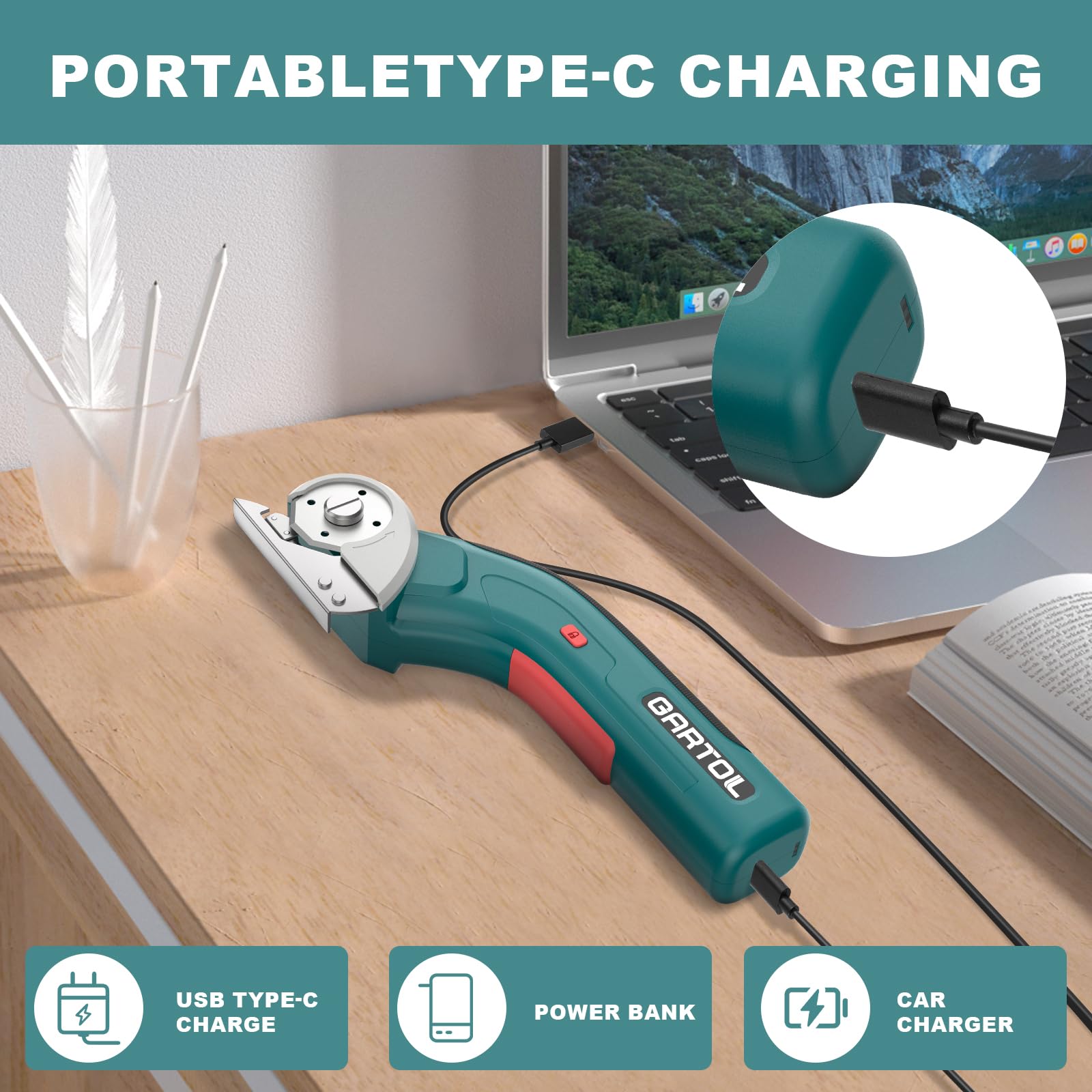 GARTOL Cordless Electric Scissors - Rotary Cutter for Box, Plastic, Carpet, Fabric, Leather & Cardboard | Low Noise & Powerful | Perfect for Sewing, Crafts, DIY Projects, Home Improvement & Packaging Work