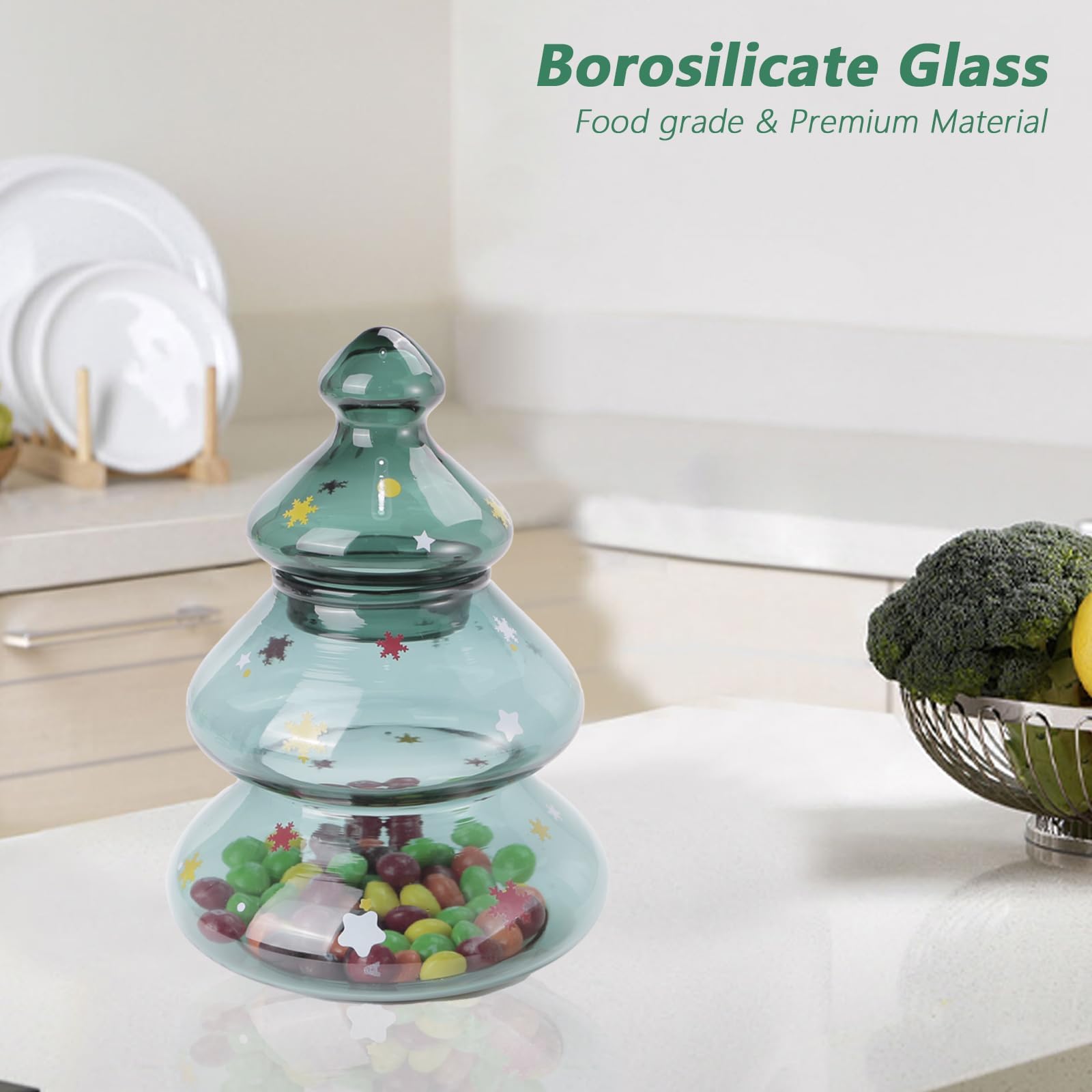 Luvan Glass Candy Jar with Lid - Large Christmas Tree Candy Bowl for Home, Kitchen, Office & Desk - Perfect Holiday Gift for Christmas & Party Decor