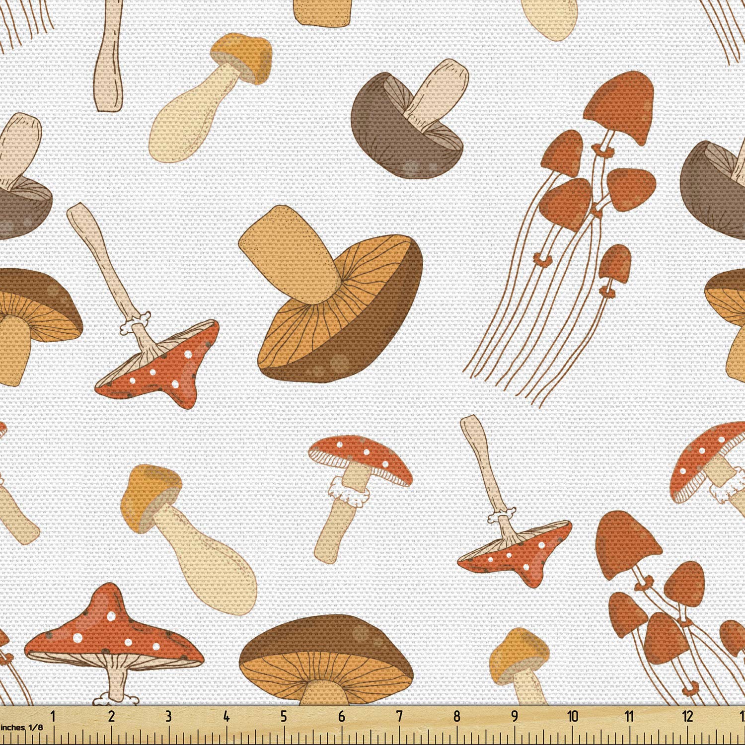 Ambesonne Autumn Fabric by The Yard - Colorful Mushroom Pattern Woodland Illustration Fall Decor Fabric for Upholstery, Curtains & DIY Crafts, 10 Yards, Coral Brown Warm Taupe - Perfect for Fall Home Decor, Table Runners, Pillow Covers & Seasonal DIY Projects