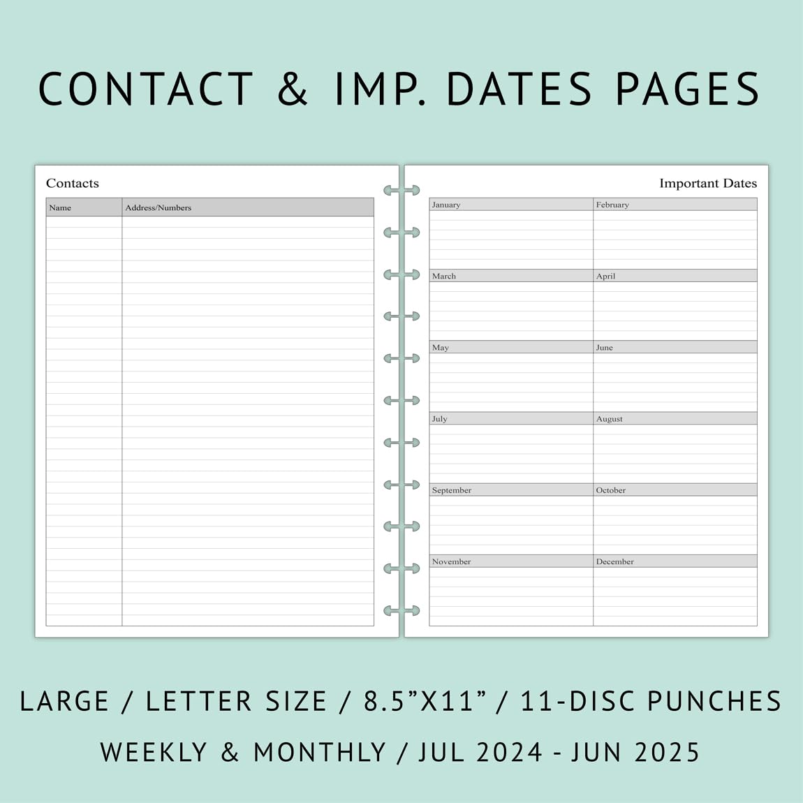 Newestor 2024-2025 Weekly & Monthly Discbound Planner Refills - July 2024 to June 2025 Calendar with 11-Disc Punch Holes - Letter Size 8.5
