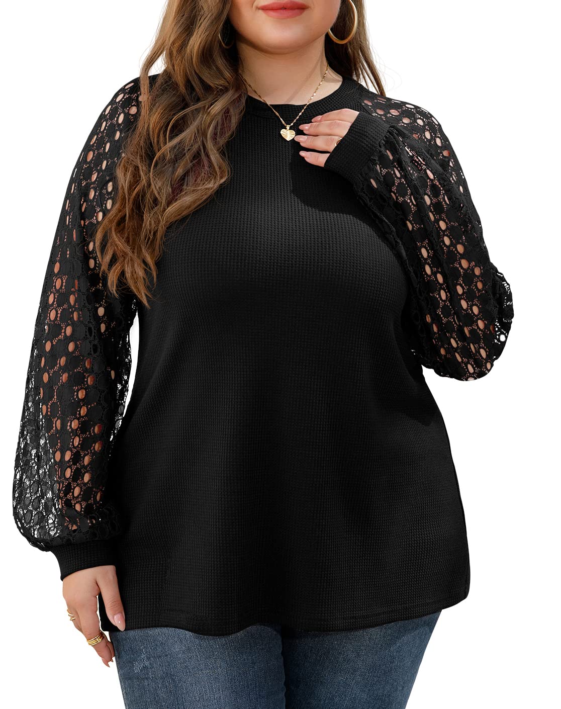 OLRIK Women's Plus Size Lace Sleeve Blouse - Soft Waffle Knit Long Sleeve Tops for Casual Wear, Office & Date Night Outfits