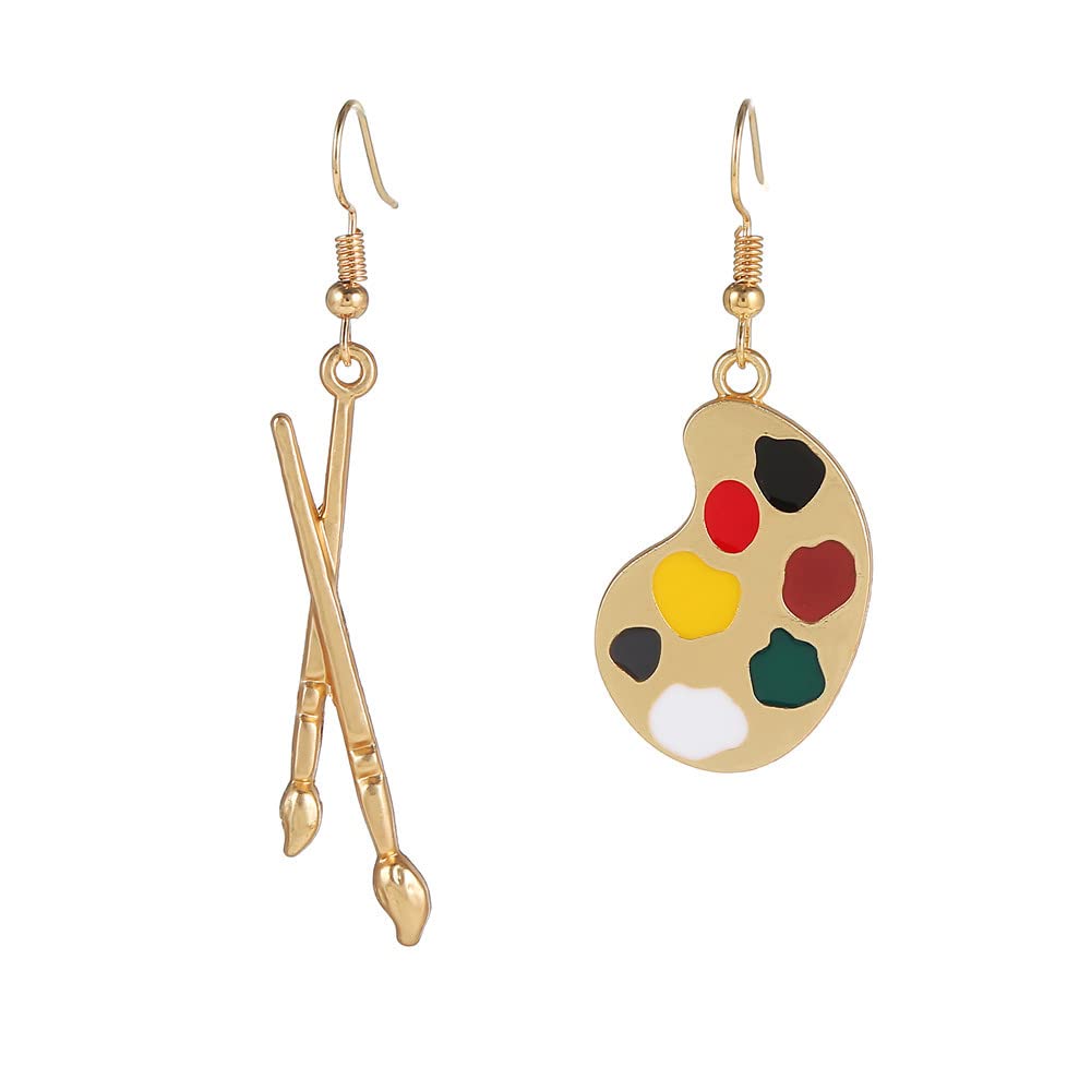 Gold Plated Colorful Paint Palette & Brush Stud Dangle Earrings - Artist Jewelry for Painters & Art Lovers - Perfect for Art Classes, Studio Wear & Creative Gift Giving