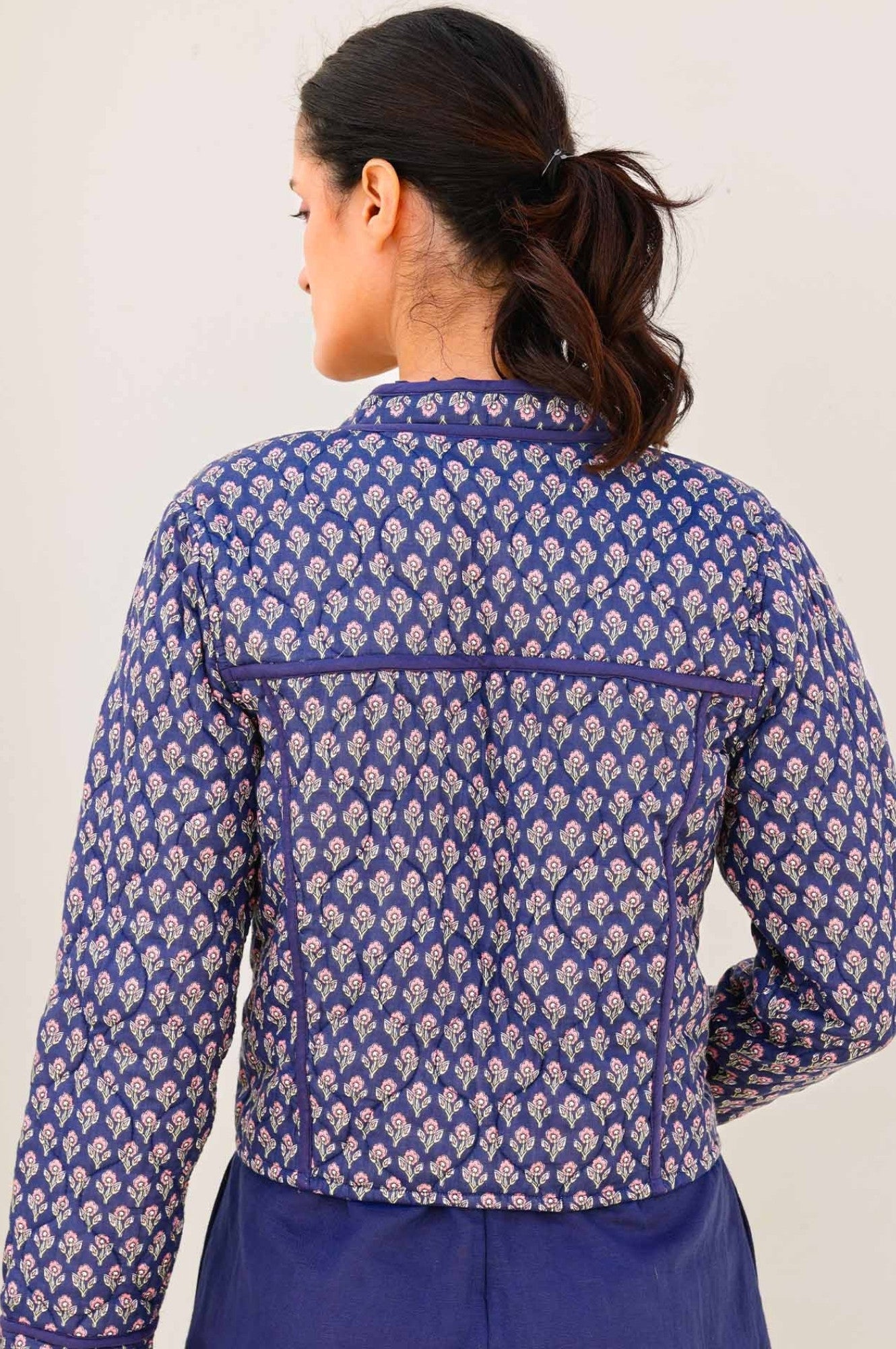 Polly Quilted Jacket Women's Lightweight Puffer Coat - Primrose Stamp Navy/Pink Waterproof Winter Jacket for Outdoor Activities & Casual Wear