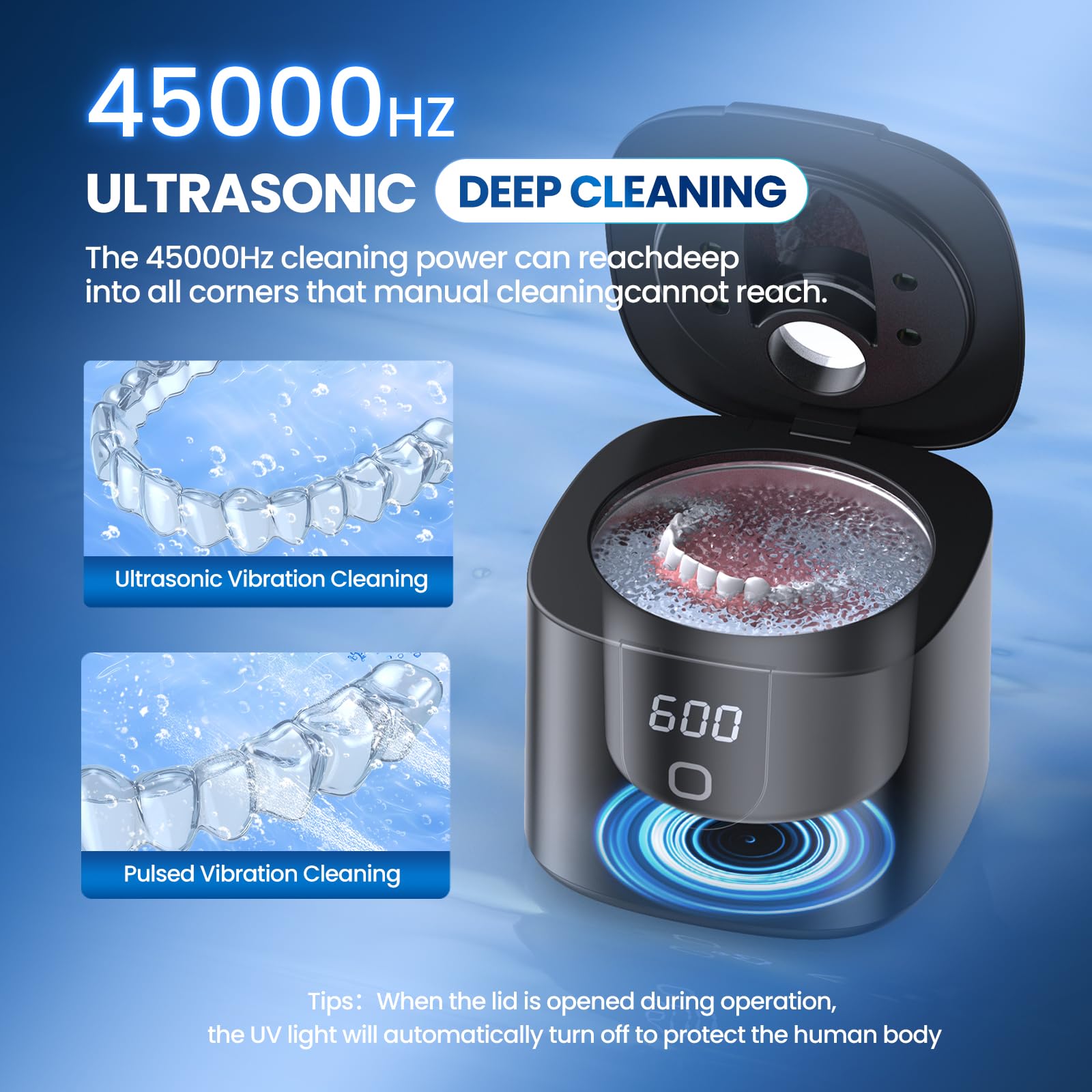 Ultrasonic Retainer Cleaner Machine - 45kHz with 4 Cleaning Modes & Digital Timer, 200ML Capacity for Dentures, Mouth Guards, Braces, Toothbrush Heads & Jewelry (Black) - Perfect for Dental Hygiene & Jewelry Care at Home