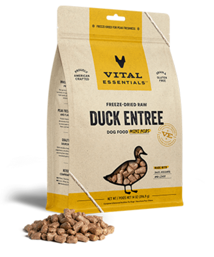 Vital Essentials Freeze-Dried Raw Duck Entree Mini Nibs Grain-Free Dog Food - High Protein Natural Treats for Small & Medium Dogs, Perfect for Training & Travel Snacks