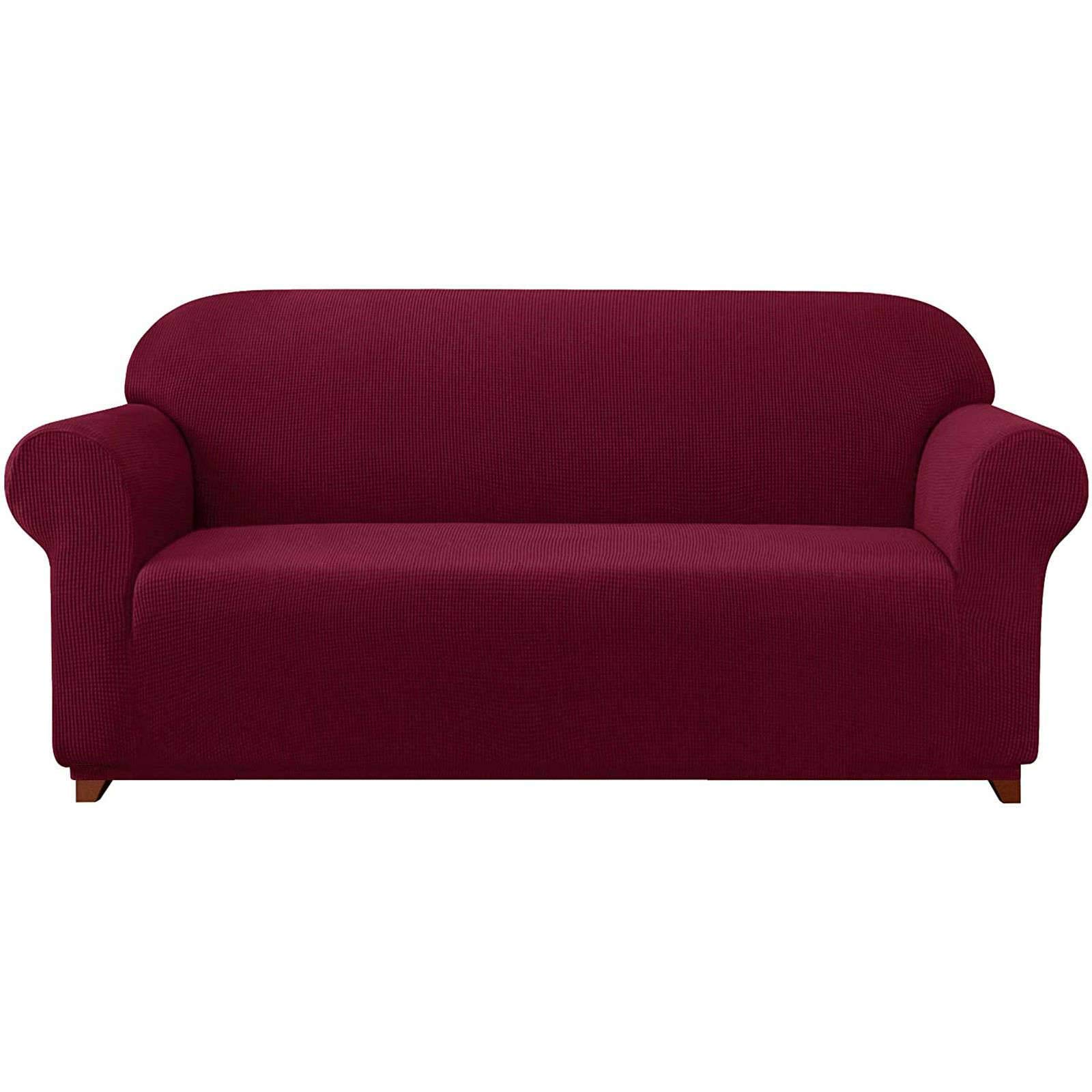 Stretch Sofa Slipcover 1-Piece - Soft Couch Cover & Loveseat Protector with Elastic Bottom for Pets & Kids (Wine Red, 4-Seat) - Perfect for Living Room Furniture Protection & Home Decor
