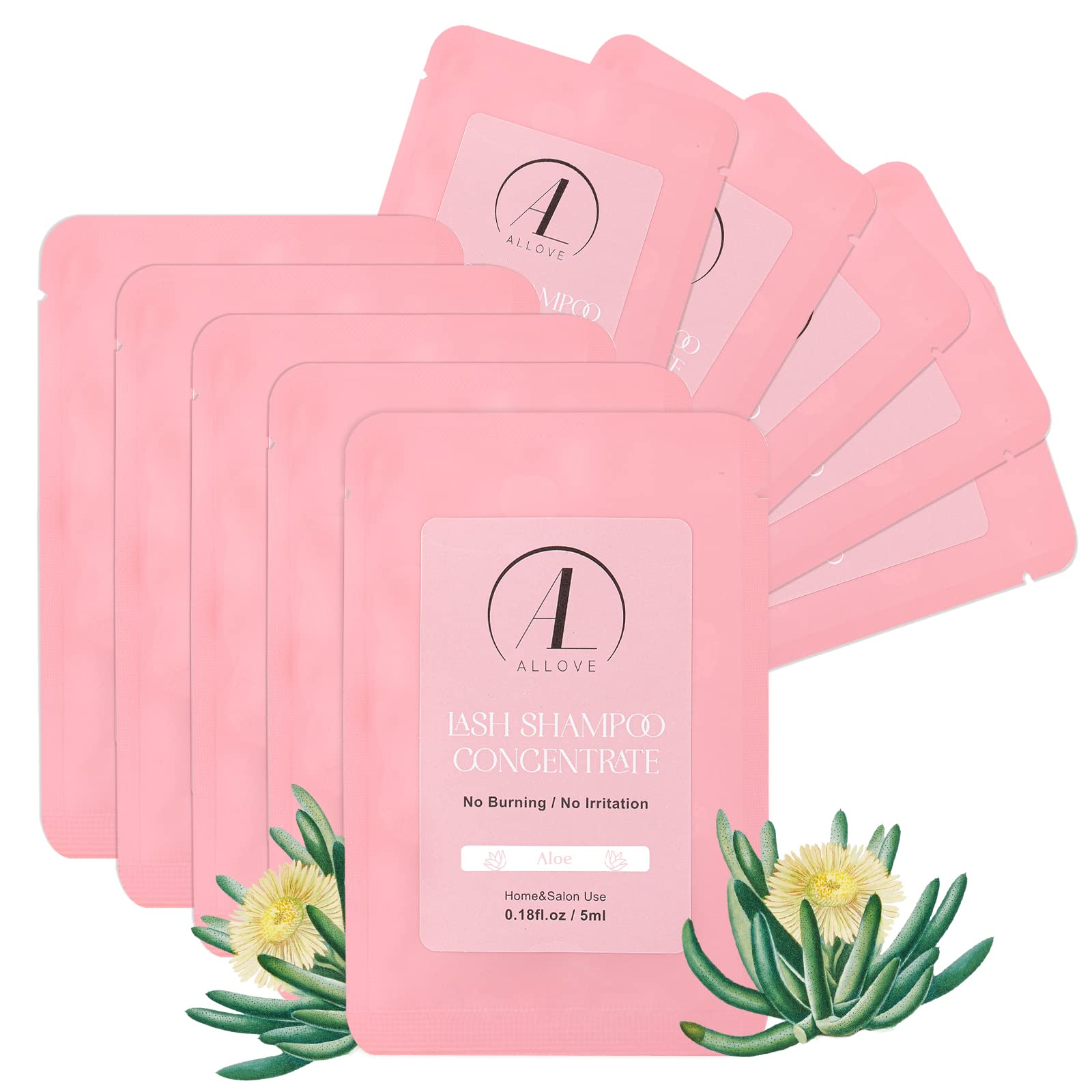 ALLOVE Lash Shampoo Concentrate 5ml x 10 Pack - Gentle Eyelash Extension Cleanser for Sensitive Eyes, Aloe-Infused, Non-Irritating Formula for Salon & Home Use - Perfect for Daily Lash Care & Extension Maintenance