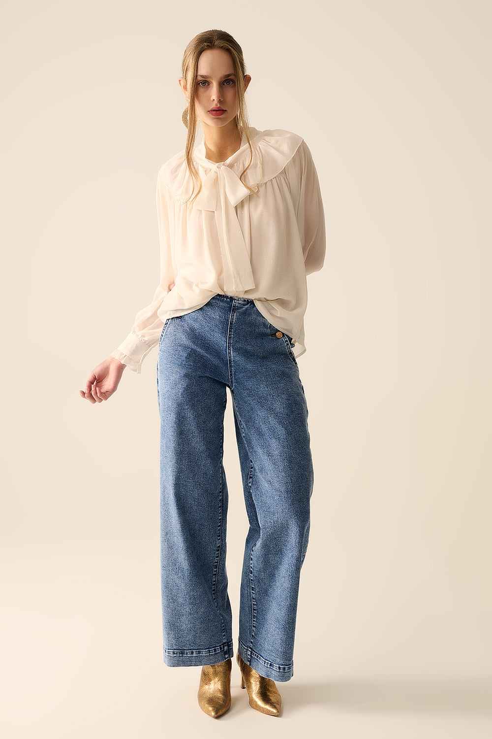 Chiffon Beige Blouse with Bow Detail - Elegant Women's Top for Office, Party & Casual Wear