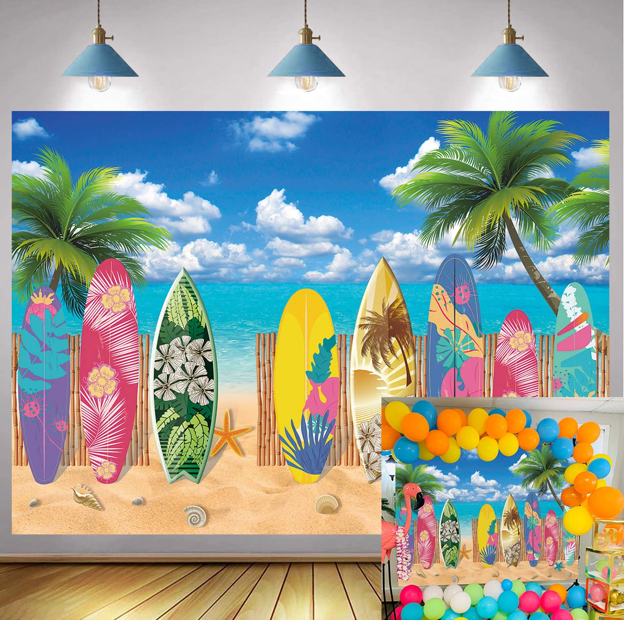 7x5FT Tropical Hawaiian Surfboard Beach Backdrop - Summer Seaside Party Decor, Photography Background for Surf Up Theme, Holiday & Birthday Celebrations | Perfect for Beach Parties, Luaus, and Tropical-Themed Events