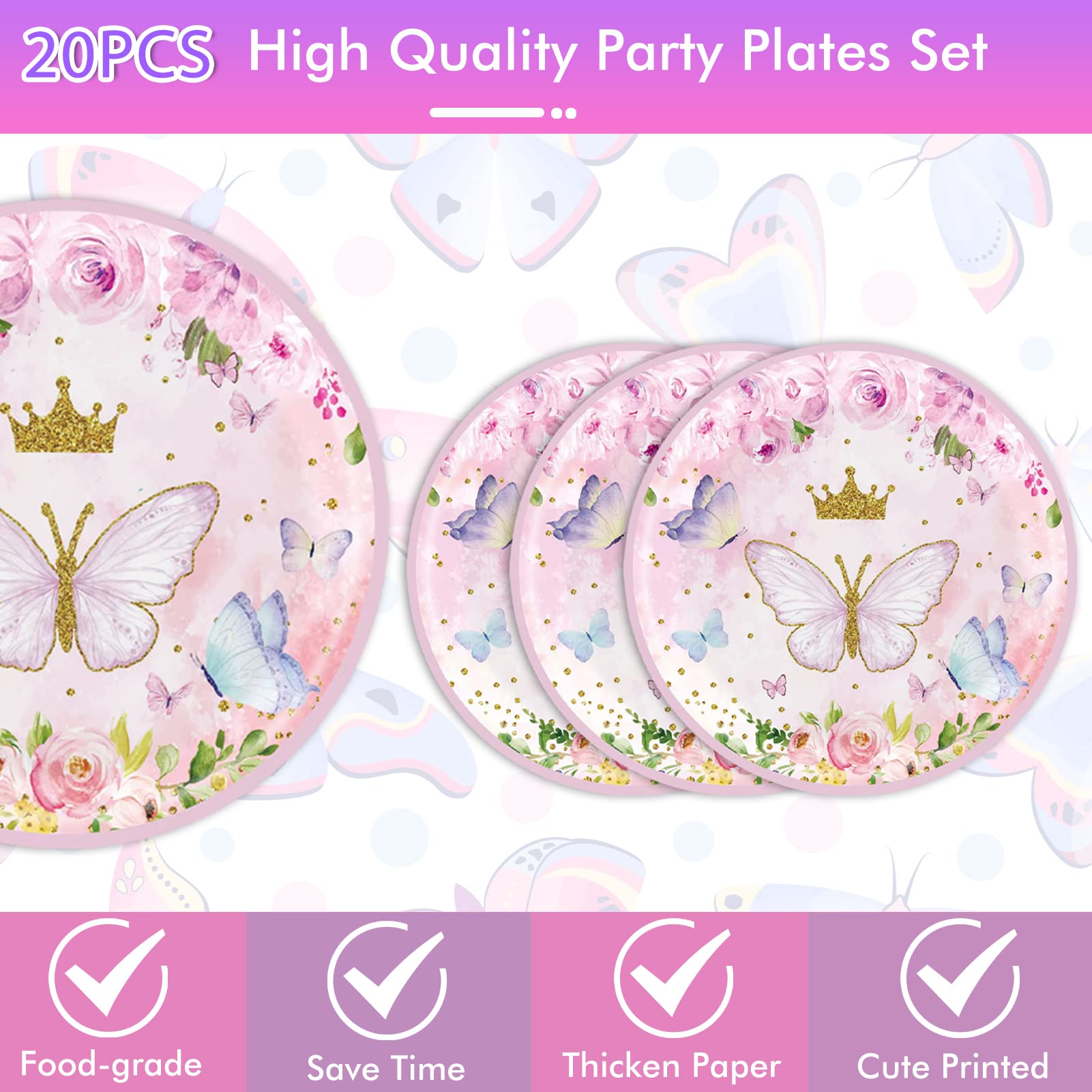 Butterfly Party Decorations for Spring - 20-Person Tableware Set with Plates, Napkins & Themed Plastic Tablecloth - Perfect for Baby Showers, Birthday Parties & Garden Celebrations