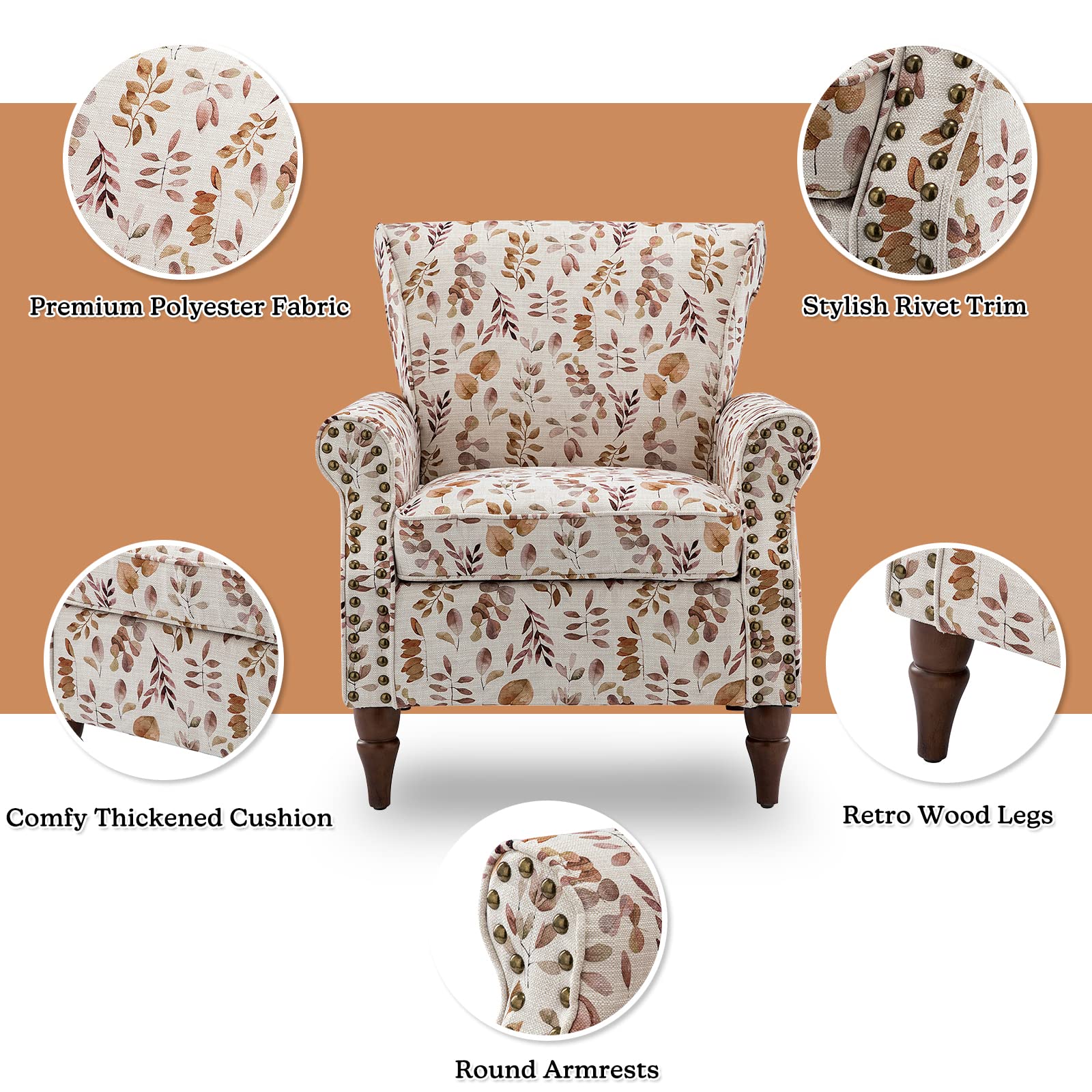 HULALA HOME Modern Wingback Accent Chairs Set of 2 - Upholstered Armchairs with Wood Legs, Removable Cushion & Nailhead Trim - Floral Pattern Living Room Bedroom Sofa Chairs in Yellow - Perfect for Cozy Reading Nook, Lounge Area or Guest Seating