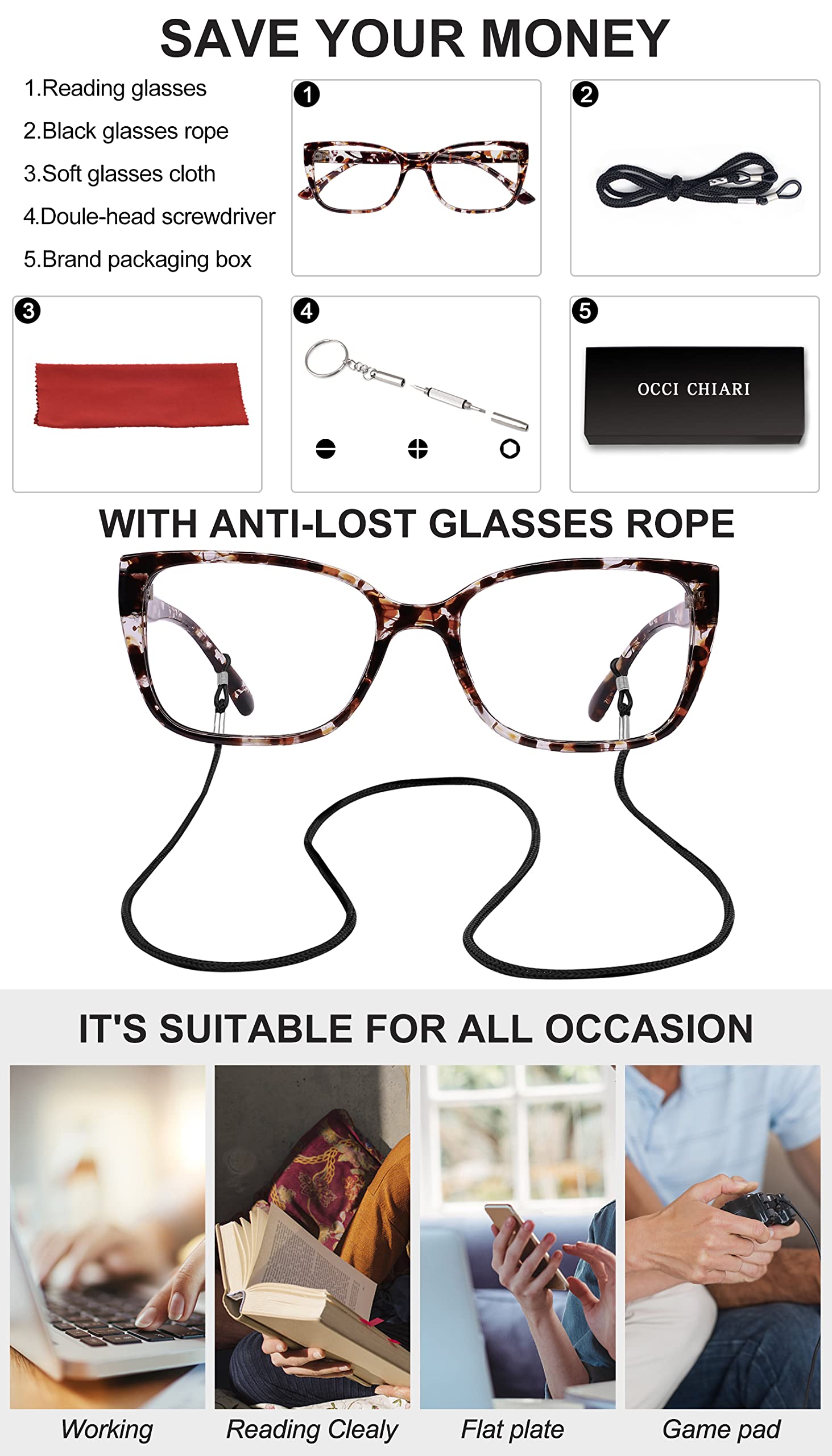 Blue Light Blocking Reading Glasses for Women - OCCI CHIARI Large Frame Computer Glasses with Anti-Glare Lenses - Perfect for Office Work, Screen Time & Night Reading
