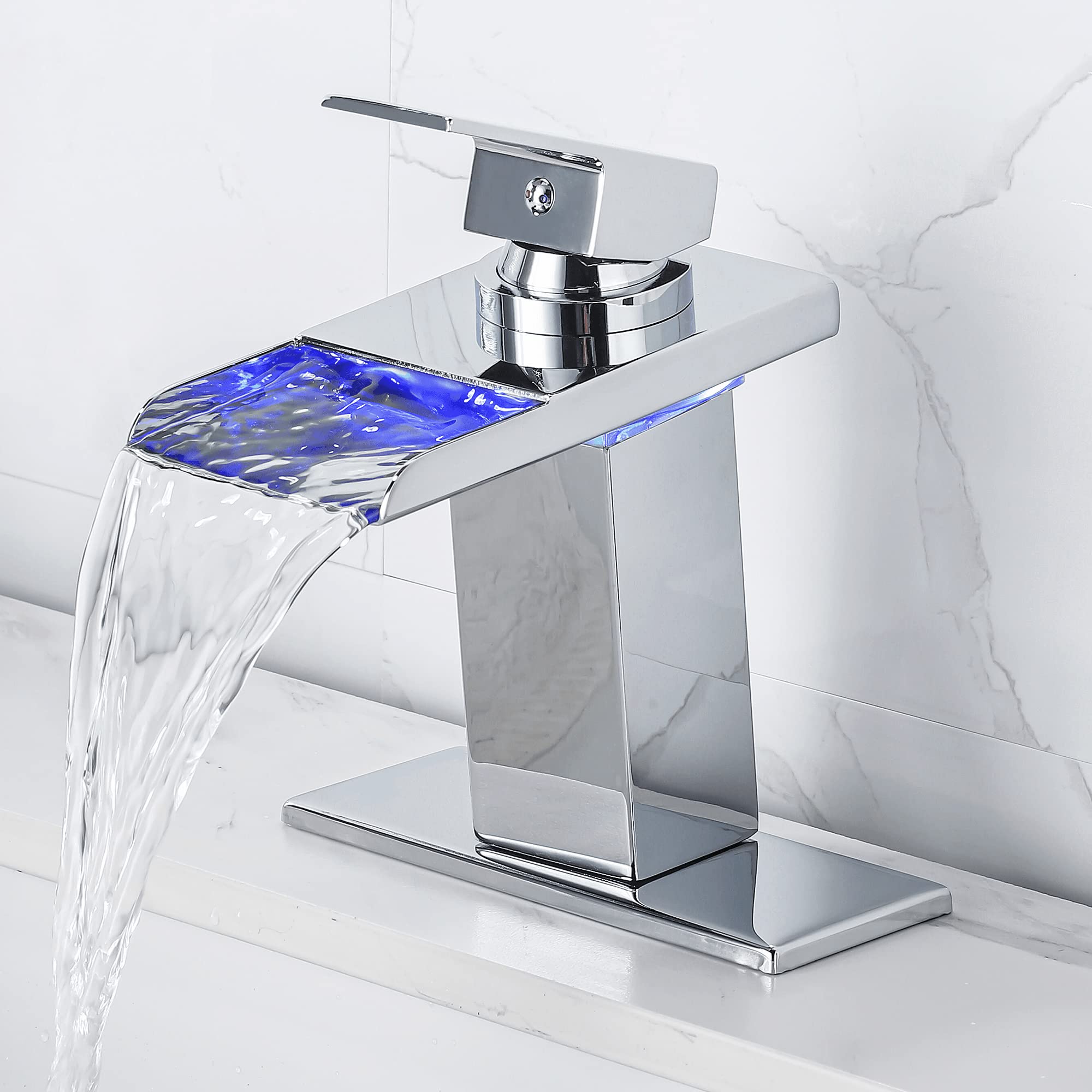 LED Bathroom Sink Faucet with Temperature Lights - Chrome Waterfall Faucet for Modern Bathrooms