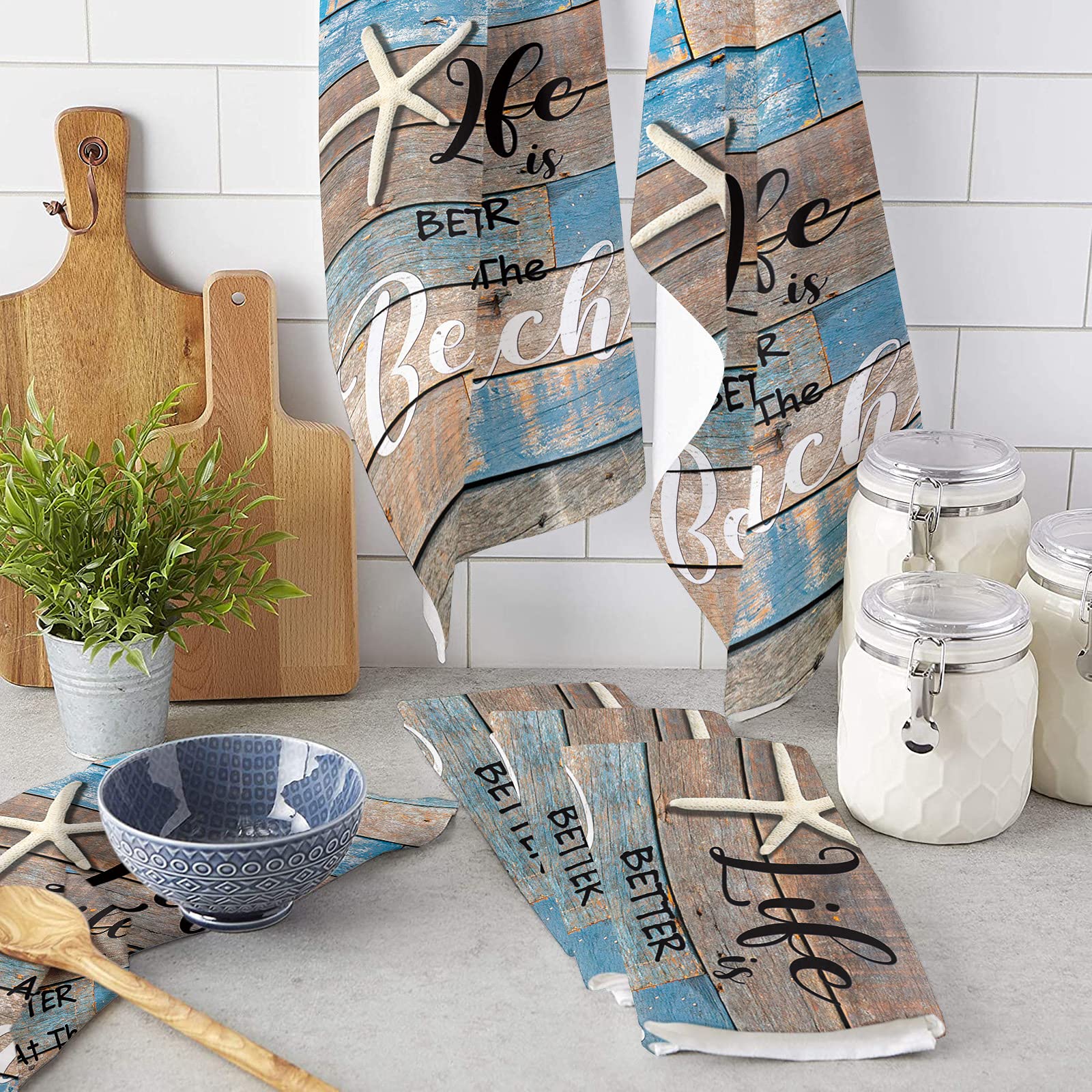 4 Pack Super Absorbent Soft Microfiber Kitchen Dish Towels - Marine Life Starfish Beach Theme, Rustic Wood Grain Design for Kitchen, Bathroom & Bar Use - Perfect for Cleaning, Drying Dishes and Hand Towels