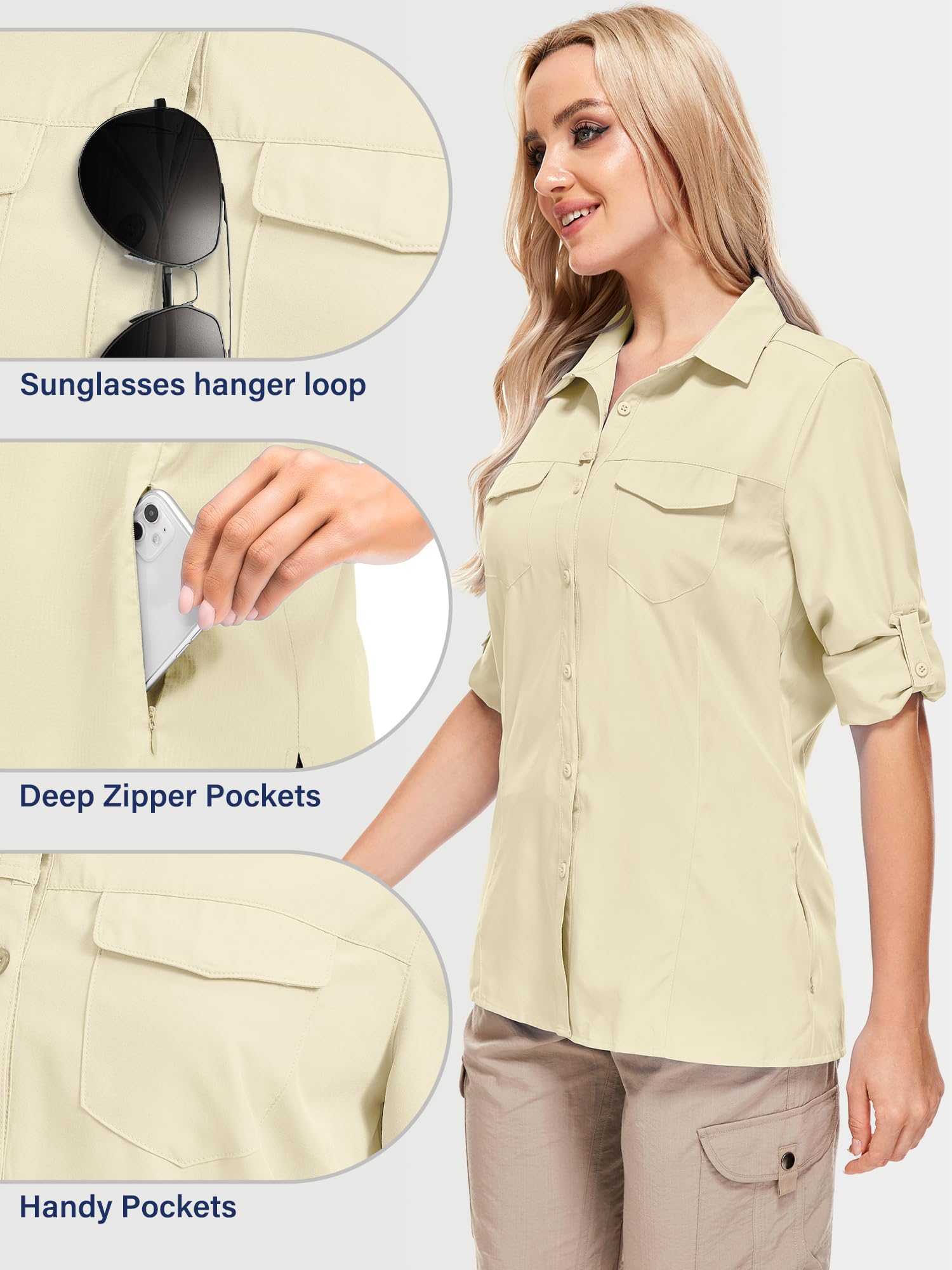 UPF50+ Sun Protection Fishing Shirts for Women & Men - Long Sleeve Travel & Work Shirts with Zipper Pockets - Perfect for Safari, Hiking, Beach & Outdoor Activities