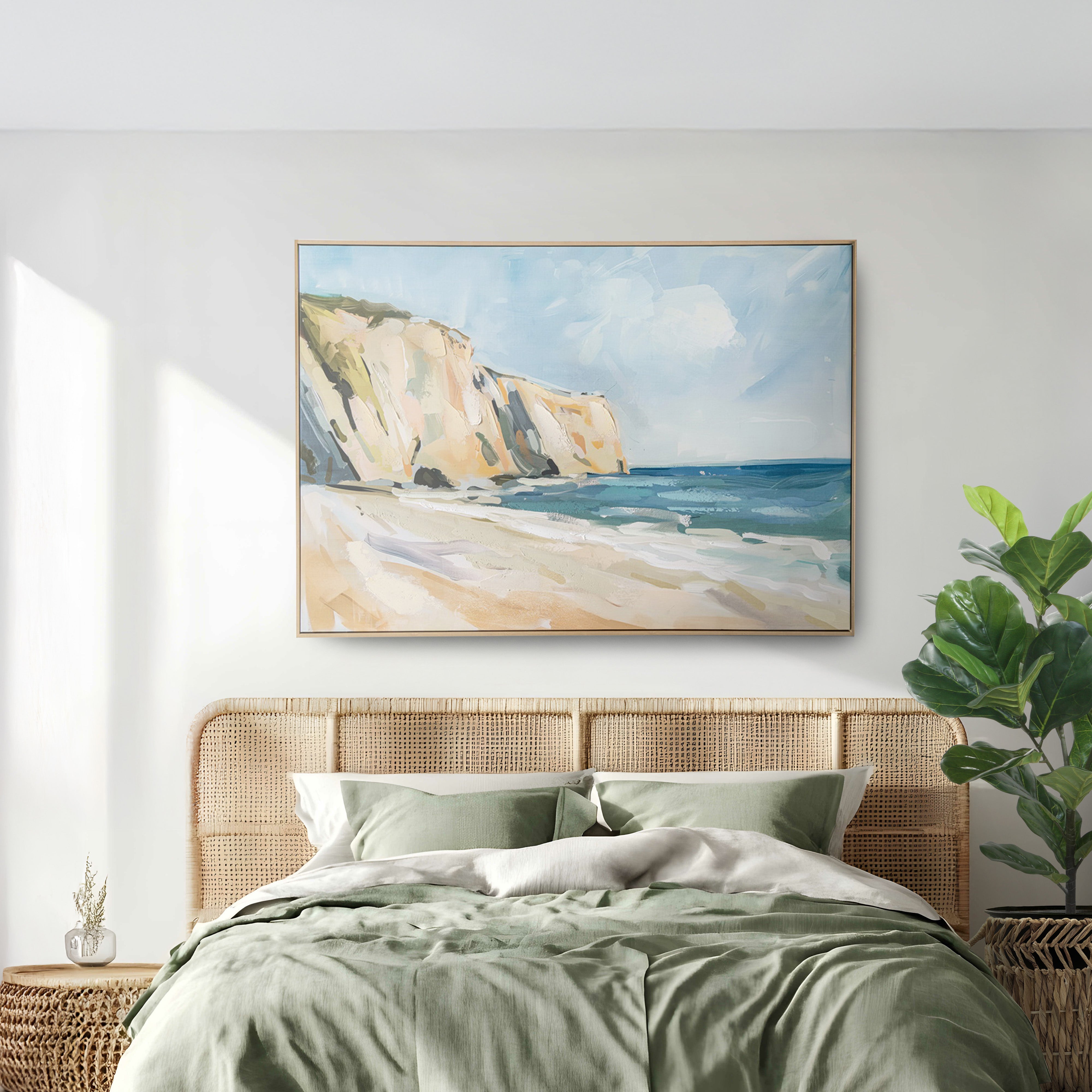Urban Style Brushmarks Embellished Canvas Painted Shore Wall Art - Coastal Beach Decor for Living Room, Bedroom & Office