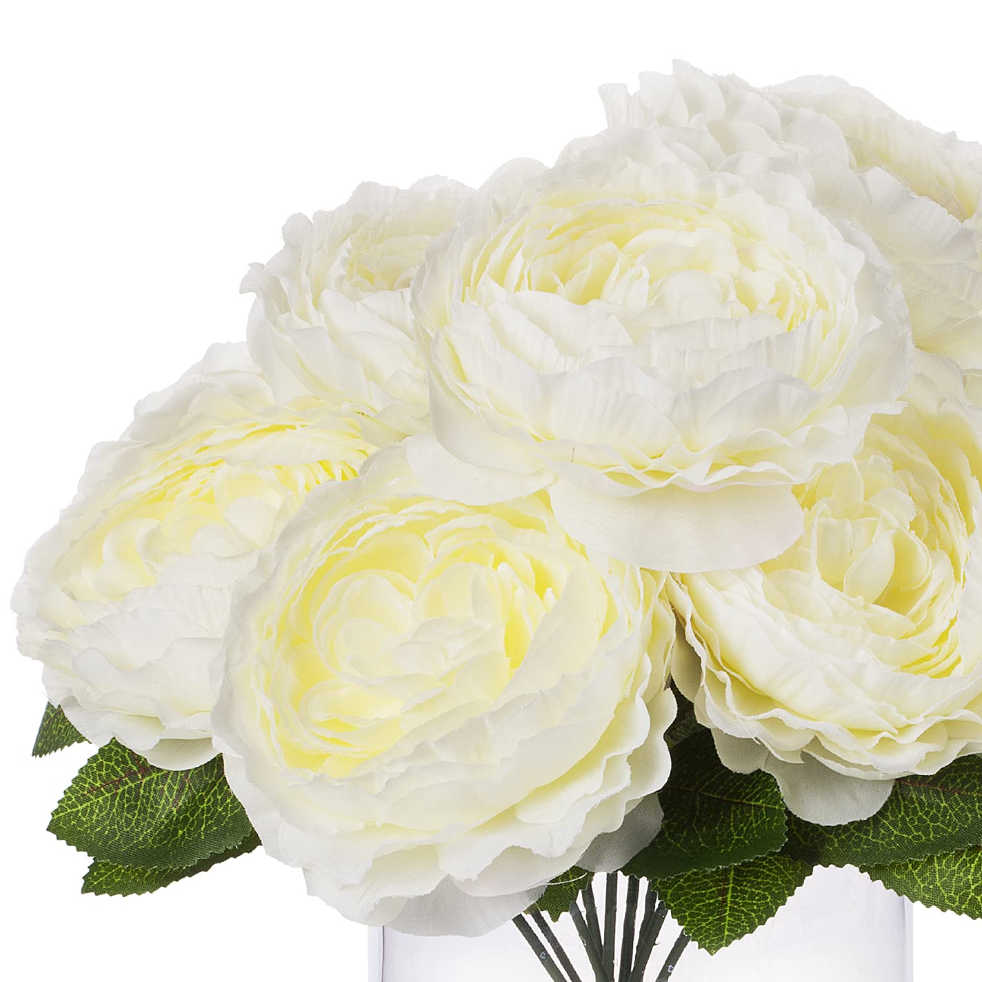 ENOVA HOME Realistic Silk Peony Flower Arrangement in Glass Vase with Faux Water - Cream Artificial Peonies for Home Decor, Wedding Centerpieces, and Tabletop Decorations