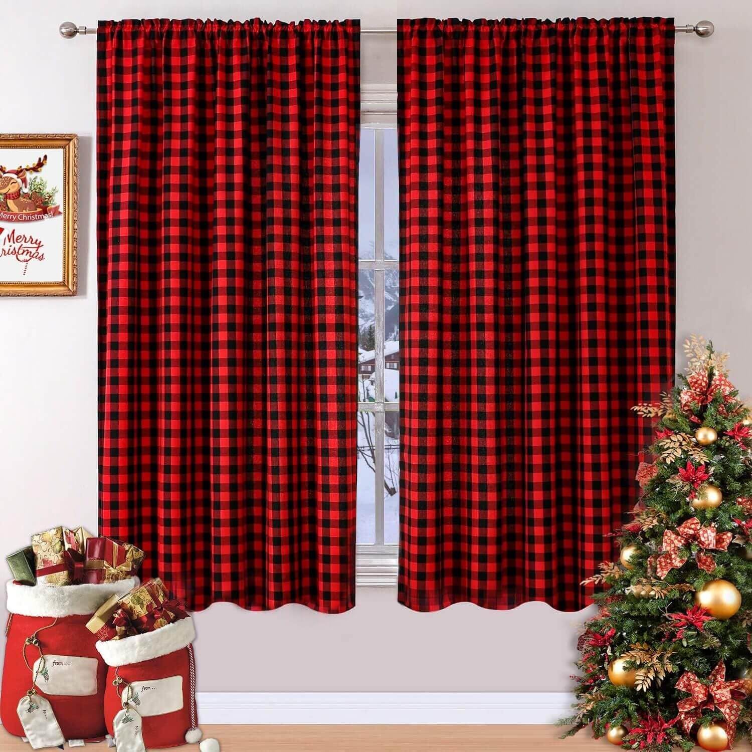 WUBODTI Red and Black Buffalo Plaid Curtains 63 Inch Length - 2 Panels Room Darkening Checkered Gingham Window Drapes for Farmhouse, Bedroom & Kitchen - Perfect for Holiday Decor, Christmas, Winter & Cozy Home Styling