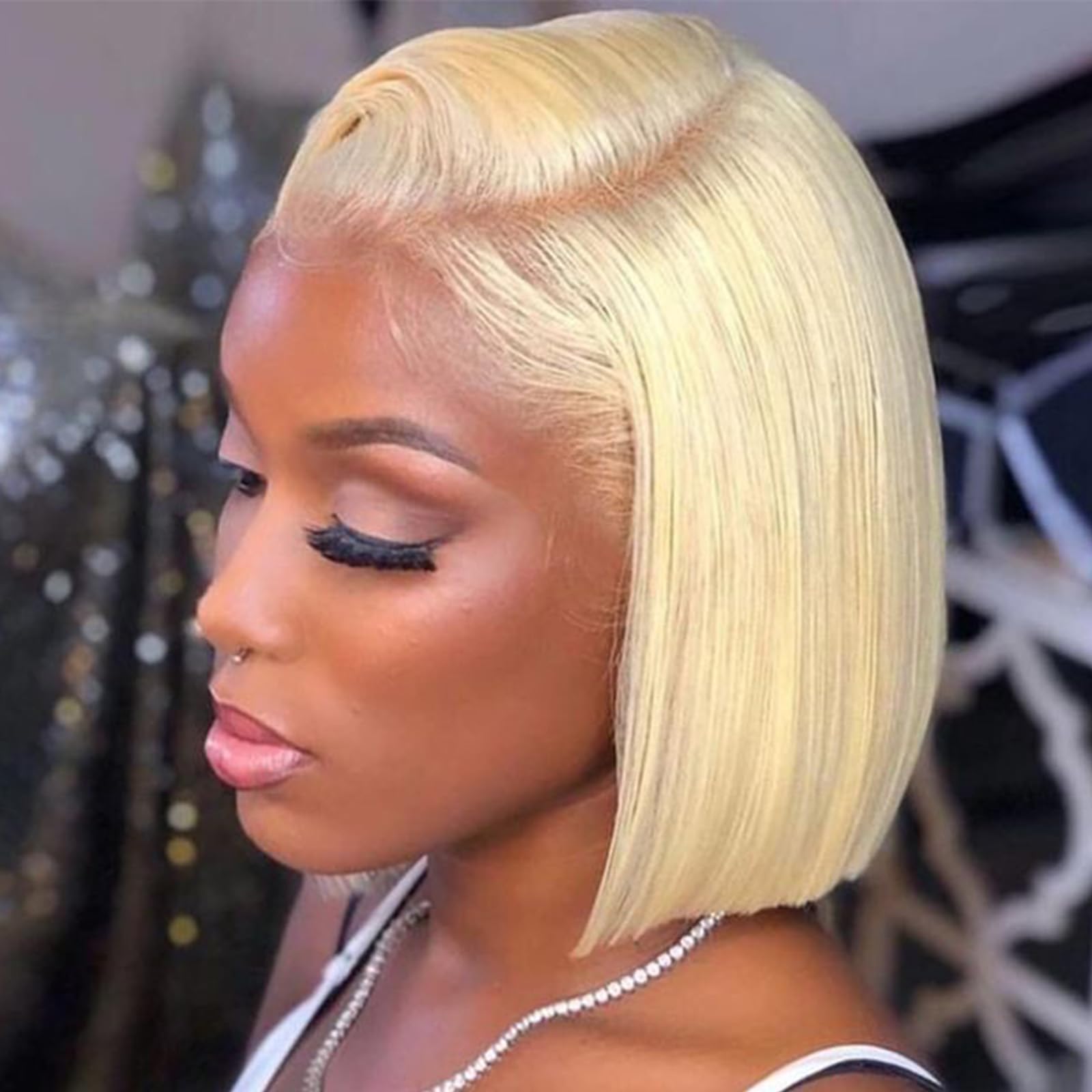 Jessica Blonde 613 Lace Front Wig - Short Straight Bob Human Hair Wig with Pre-Plucked Natural Hairline & Baby Hair | Perfect for Black Women (12 Inch) | Great for Cosplay, Daily Wear & Special Occasions
