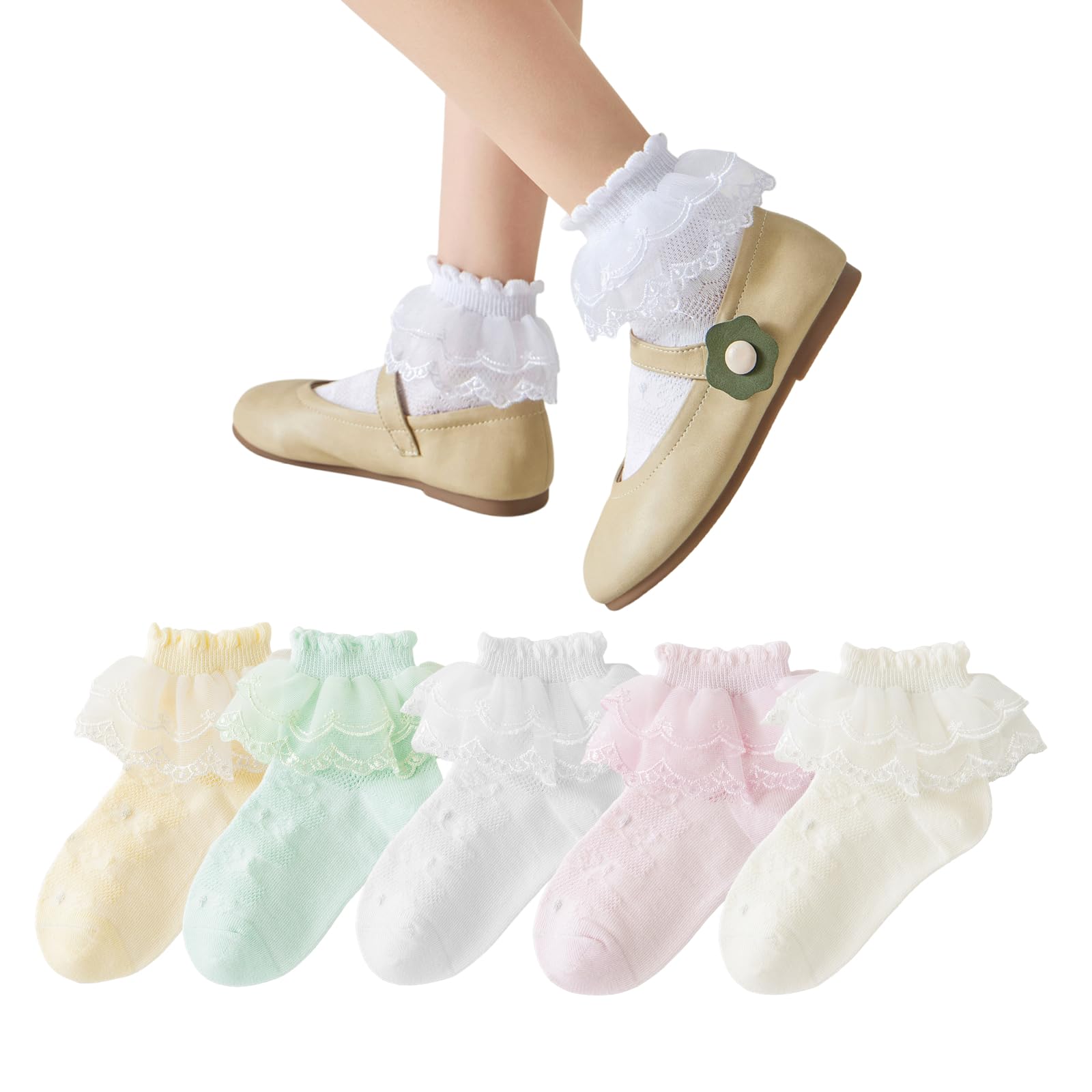 5 Pairs Girls Mesh Ruffle Lace Trim Cotton Ankle Socks - Princess Style Frilly Dress Socks for Toddler Girls - Perfect for Parties, School & Special Occasions
