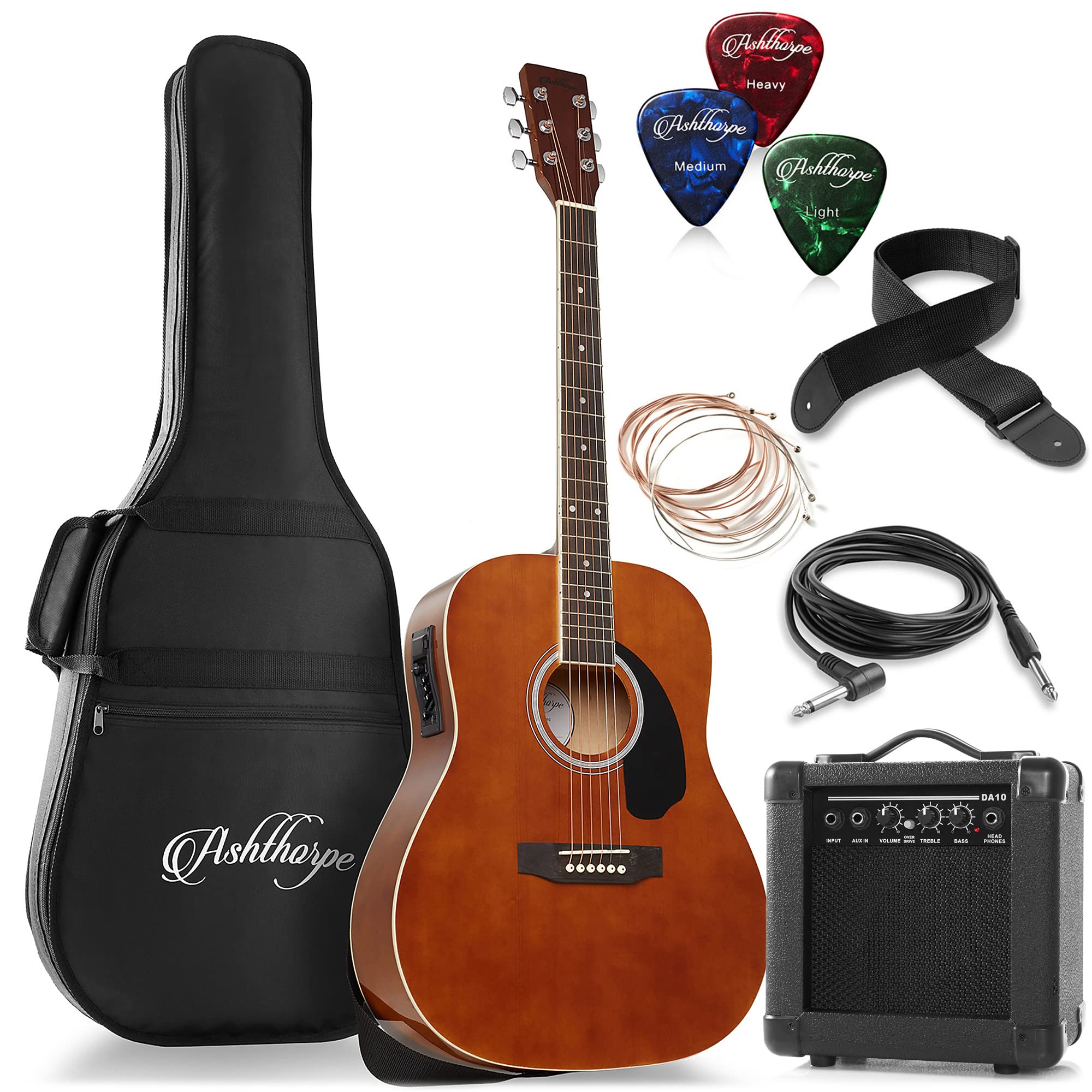 Ashthorpe Full-Size Dreadnought Acoustic Electric Guitar with 10W Amp - Brown Sunburst Finish - Perfect for Beginners, Performances & Home Practice