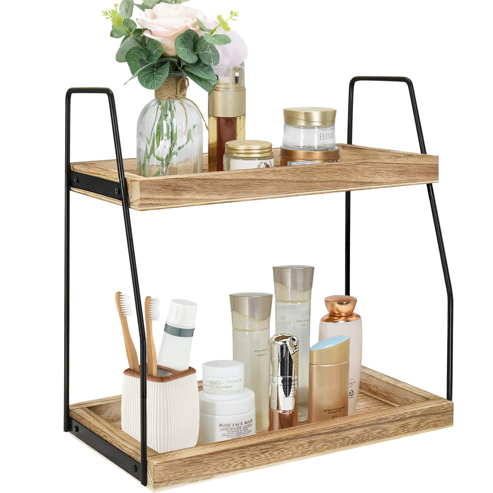 2 Tier Wooden Bathroom Counter Organizer - Vanity Tray for Makeup, Jewelry & Essentials | Countertop Storage for Bathroom Sink, Kitchen, Coffee Station & Snacks | Space Saving Home Decor