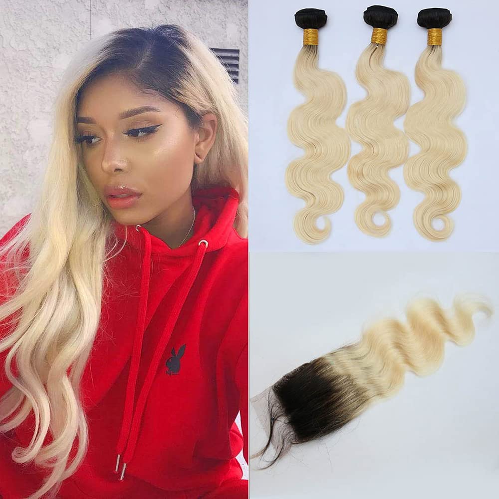 Pre-Plucked 3 Bundles Brazilian Virgin Human Hair Weave with 4x4 Lace Closure - Dark Root 1B/613 Platinum Blonde Ombre Body Wave & Baby Hair (14+18 20 22 Inches) | Perfect for Daily Styling, Extensions & Protective Hairstyles