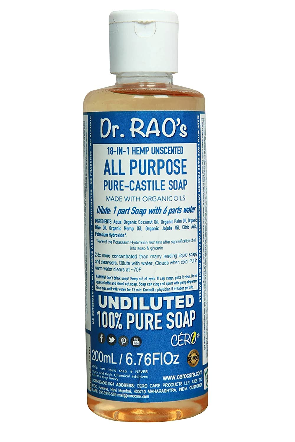 Dr. Rao's Unscented Pure Castile Soap - 100% Organic, Undiluted Multi-Purpose Liquid Soap for Body, Dishes & Laundry (200ml) | Gentle Cleanser for Sensitive Skin & Eco-Friendly Household Use