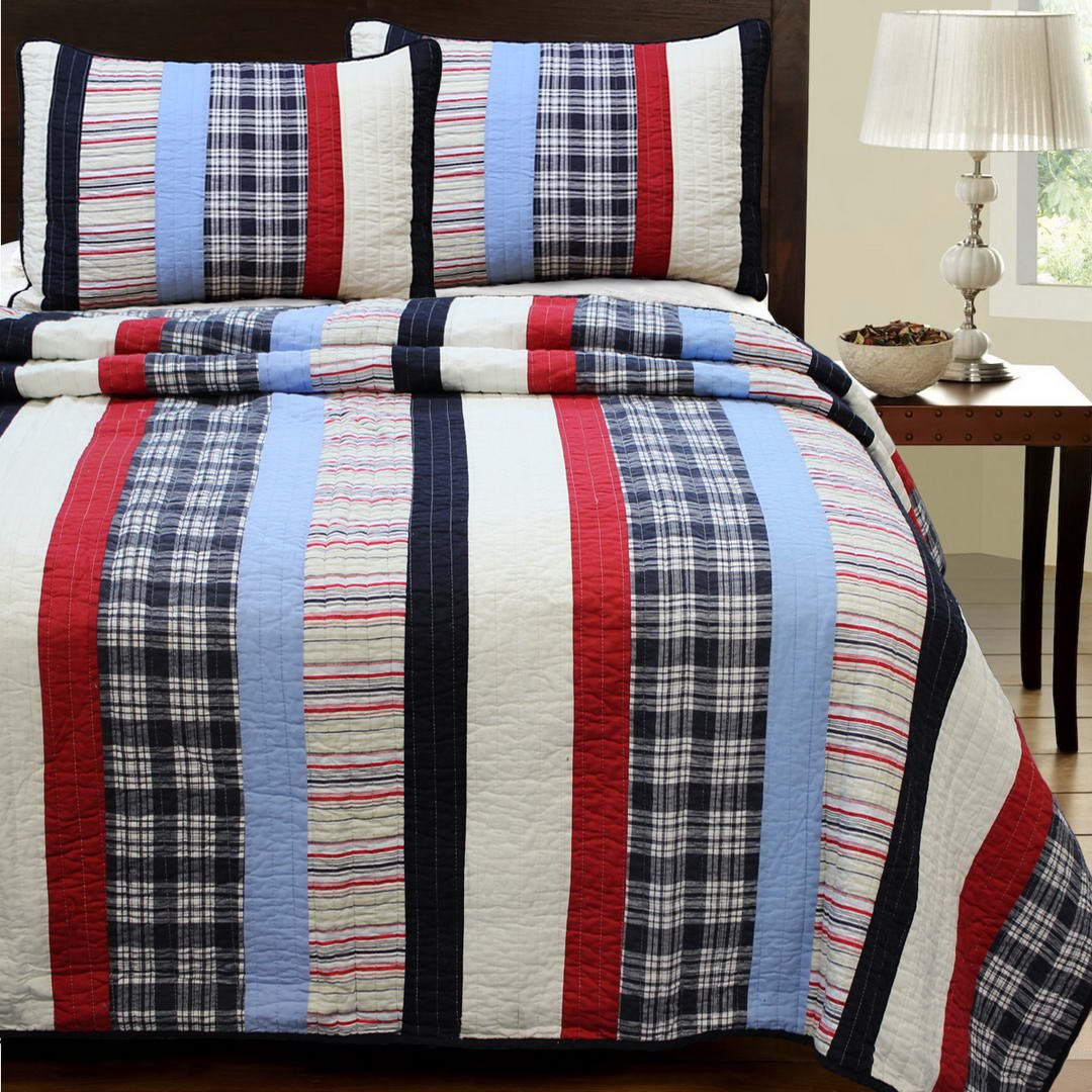 Hypoallergenic 3-Piece Cotton Striped Quilt Set - Full/Queen Size Bedding for Comfortable Sleep | Perfect for Master Bedroom, Guest Room & Dorm Decor