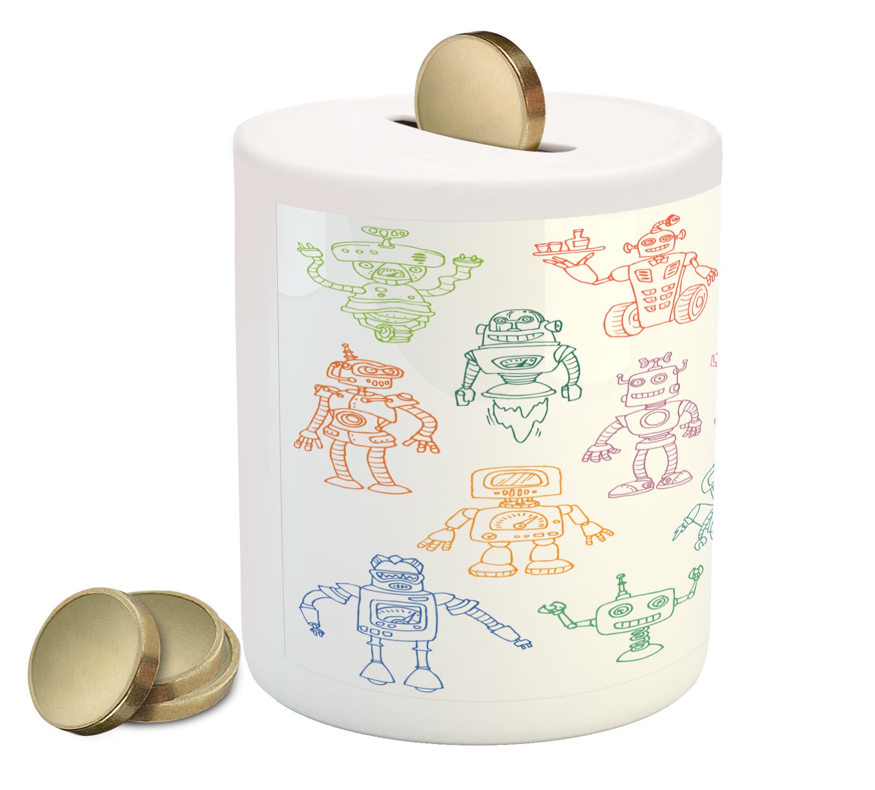 Ambesonne Ceramic Piggy Bank with Cartoon Robot Designs - Money Saving Coin Bank for Kids & Adults (3.6