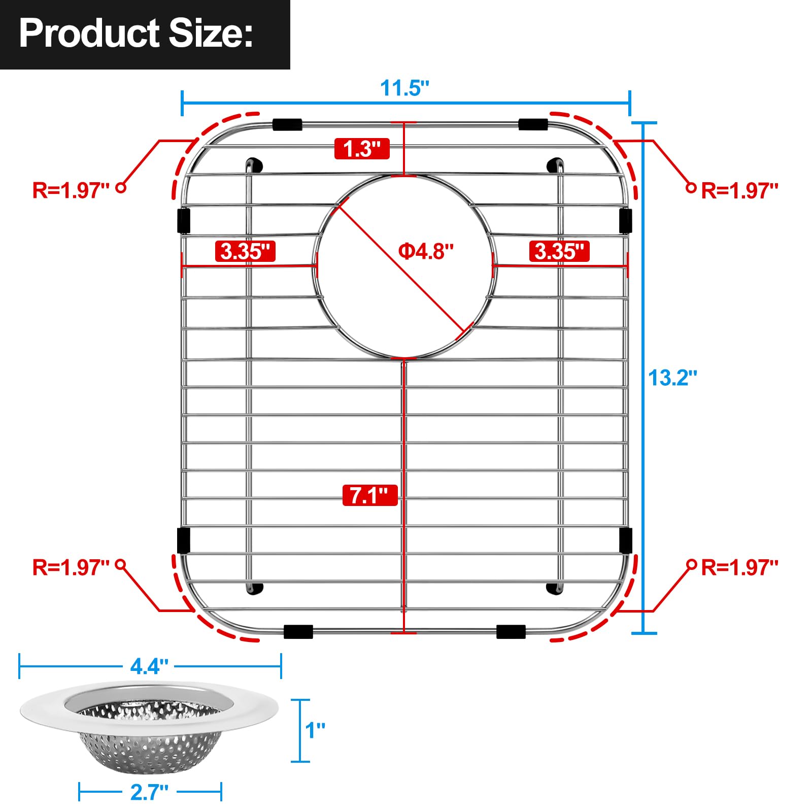 2 Pack 304 Stainless Steel Sink Protectors with Drain Hole - 13.2