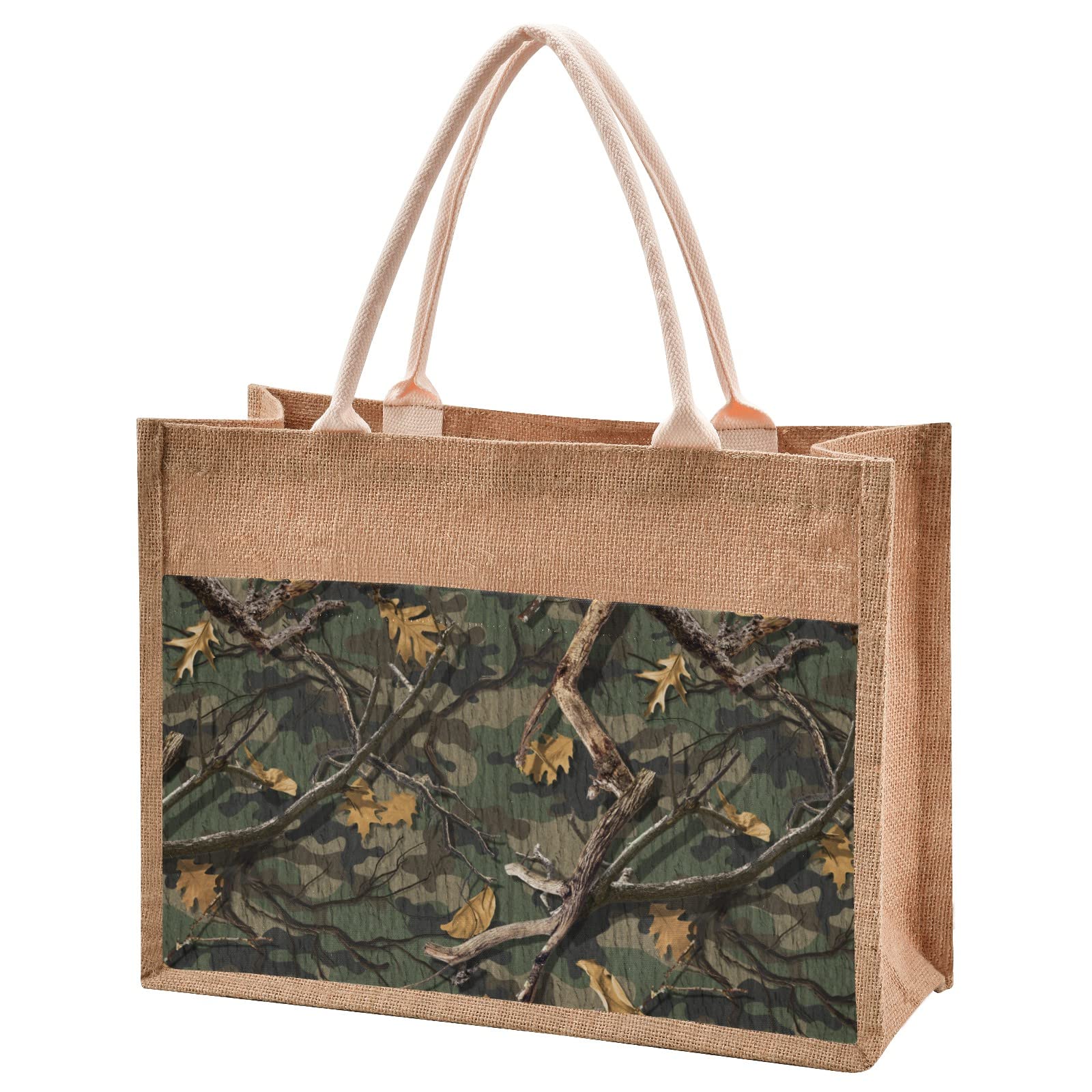 Eco-Friendly Classic Woods Camouflage Jute Tote Bag - Reusable Burlap Straw Shopping Bag for Beach, Groceries & Wedding Gifts | Perfect for Outdoor Picnics, Farmers Market & Sustainable Lifestyle