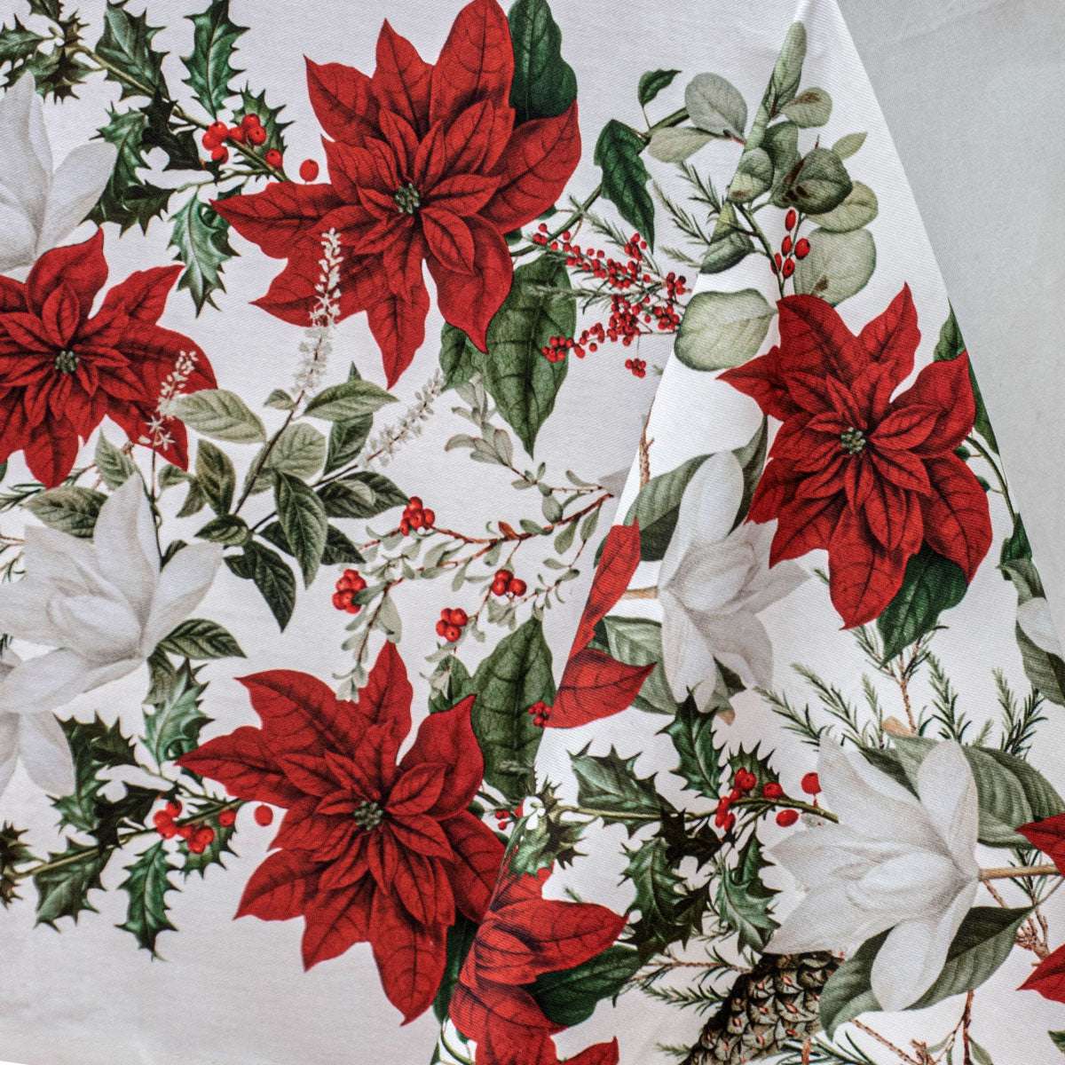 Premium 100% Cotton Ashdene Poinsettia Christmas Tablecloth 60x90 Inches - Festive Holiday Dining Decor for Parties & Family Gatherings