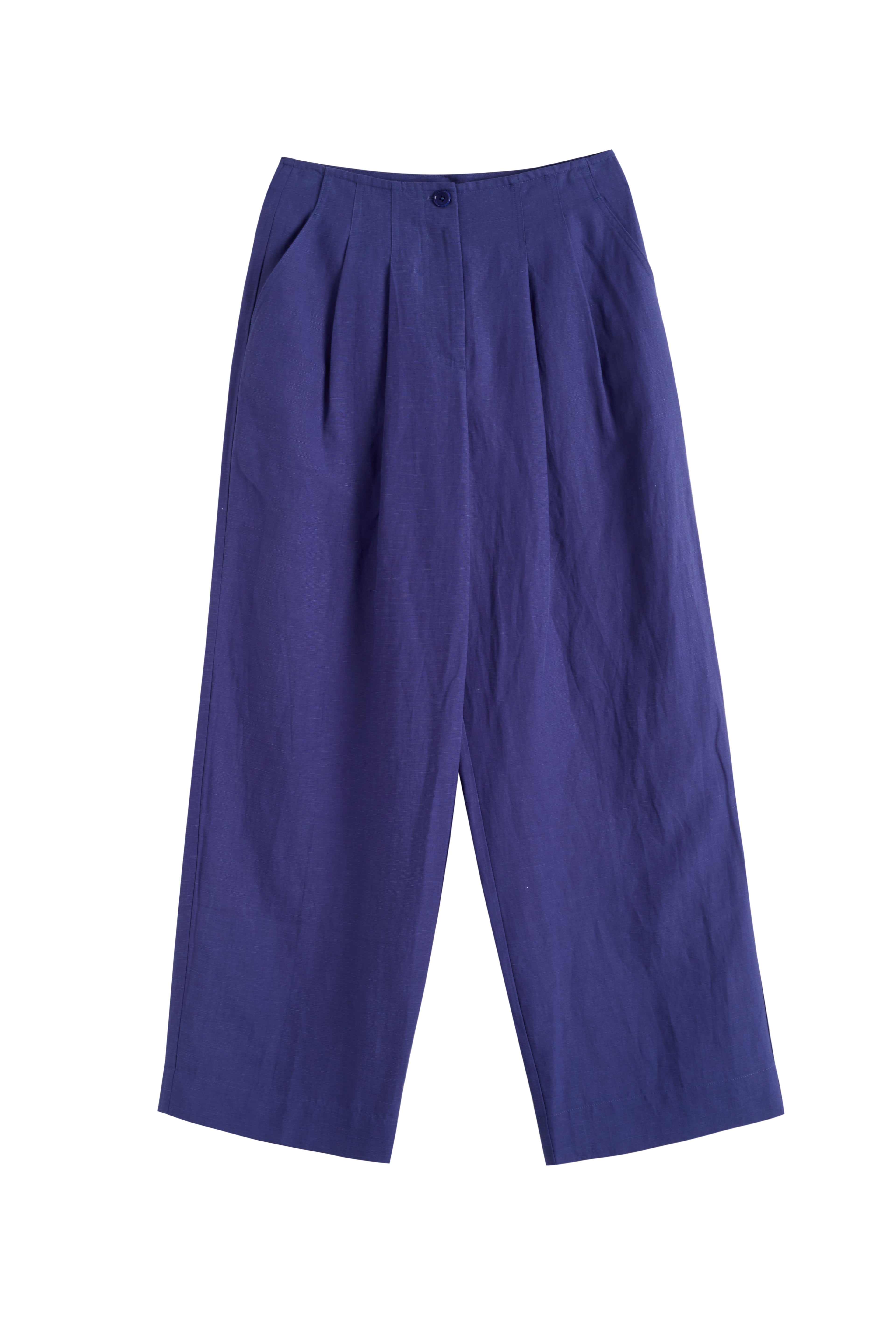 Blue Tencel Linen Pleated Pants for Women - Comfortable High Waisted Wide Leg Trousers for Office, Travel & Casual Wear