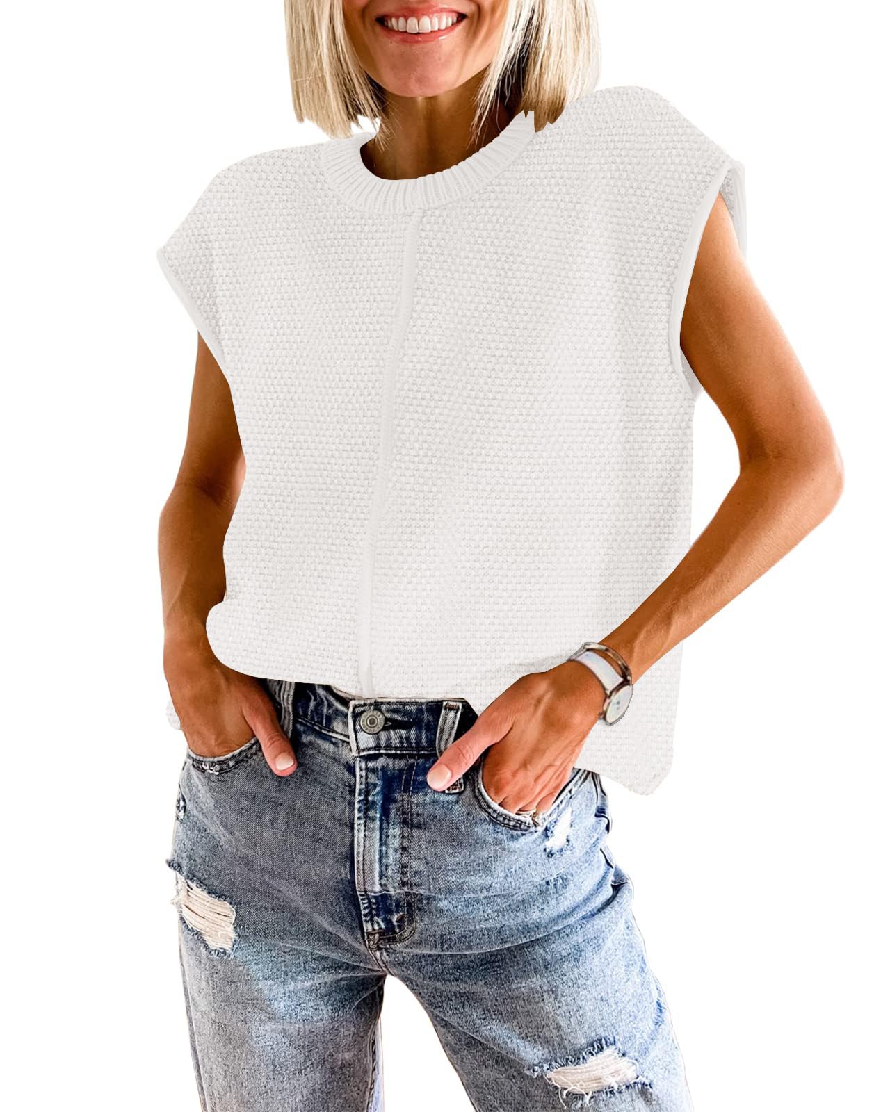Women's Waffle Knit Sweater Shirts - Cap Sleeve Summer Tops & Basic Tank Tops | Casual Outfits, Beach Wear & Layering Essentials