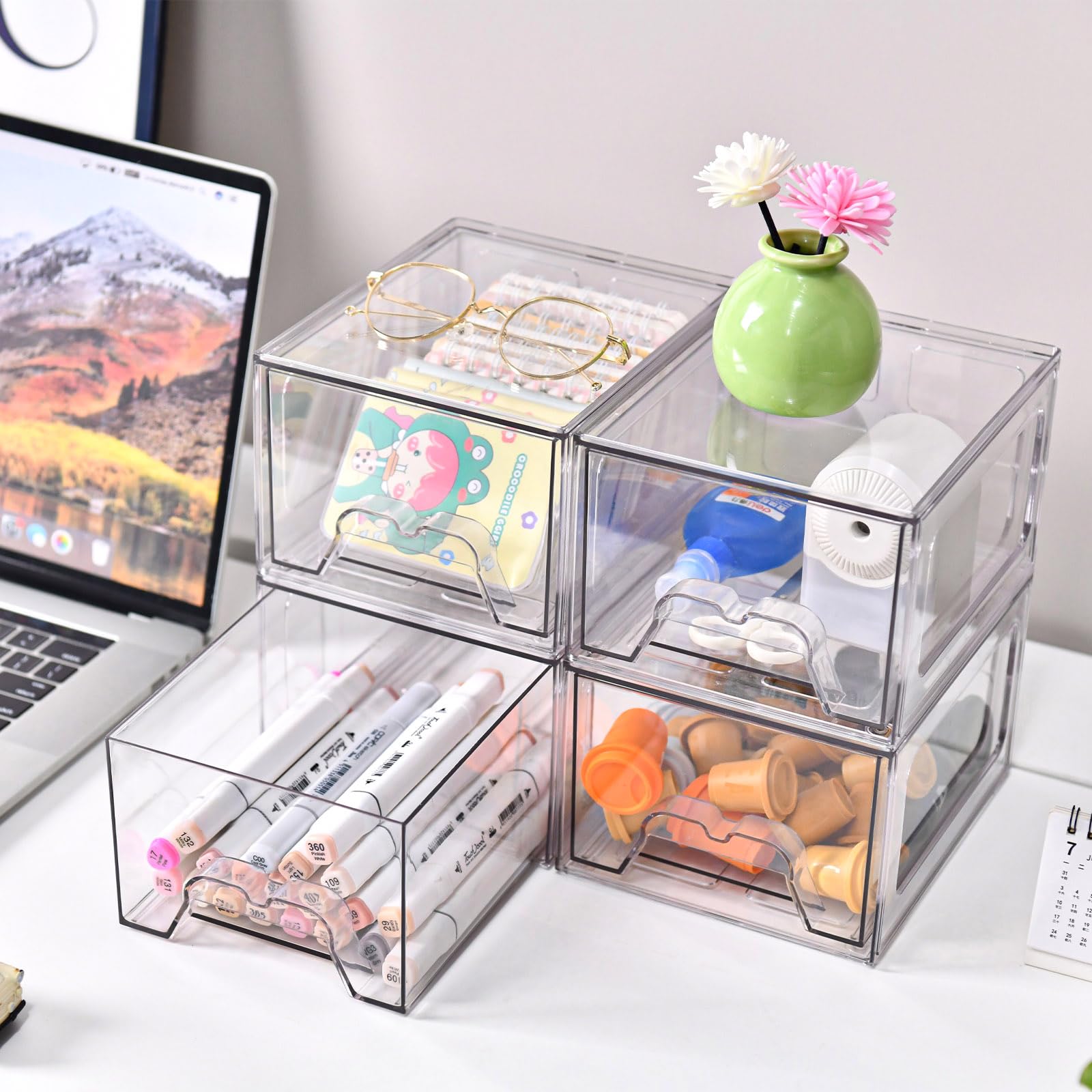 6 Pack Stackable Acrylic Makeup Organizer with Pull-out Handles, 4.4