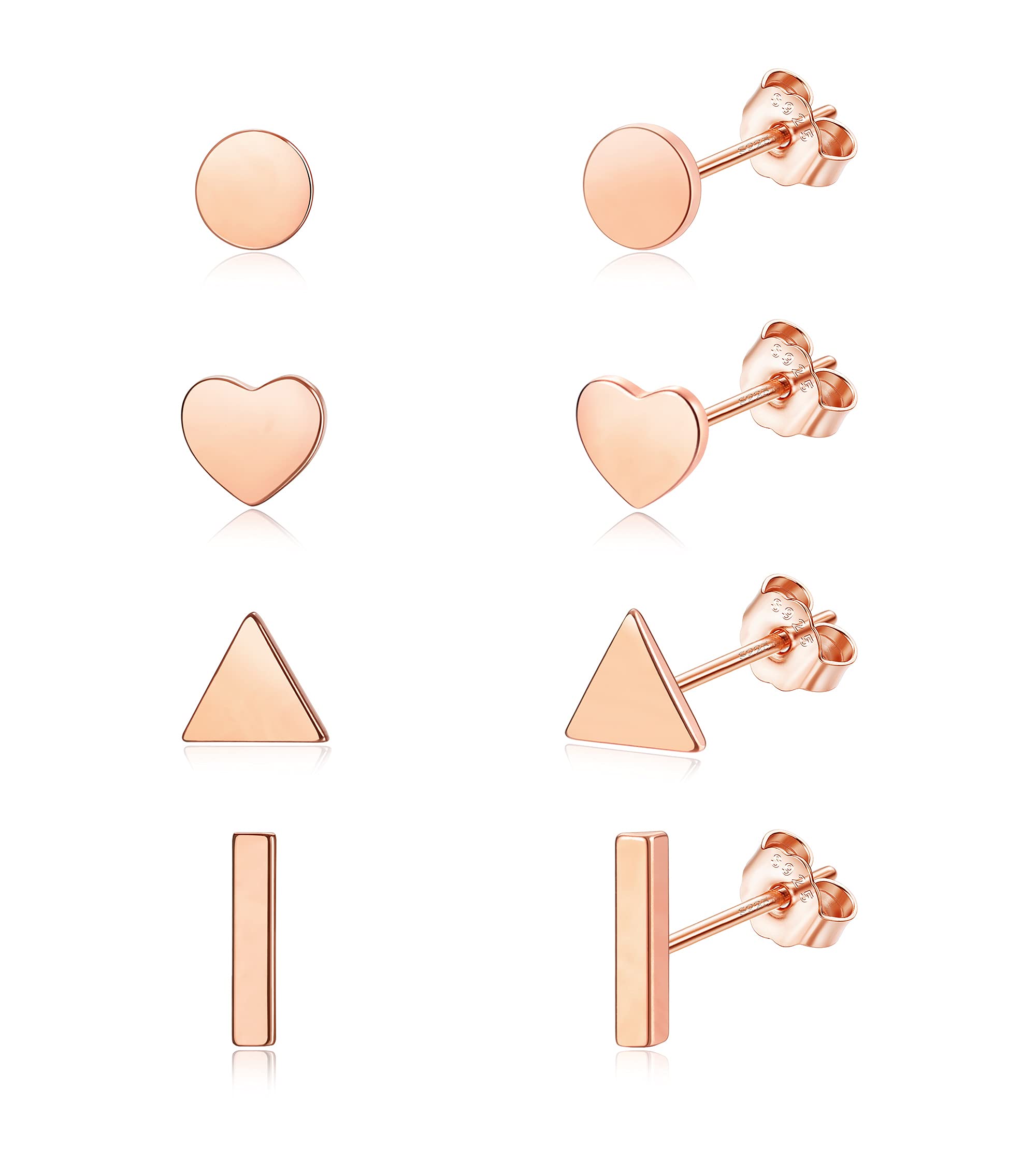4 Pairs 925 Sterling Silver Stud Earrings - 18K Gold Plated Heart, Triangle, Dot & Bar Minimalist Earrings for Women & Men | Cartilage, Tragus & Lobe Piercing Jewelry | Perfect for Everyday Wear, Gifts & Special Occasions