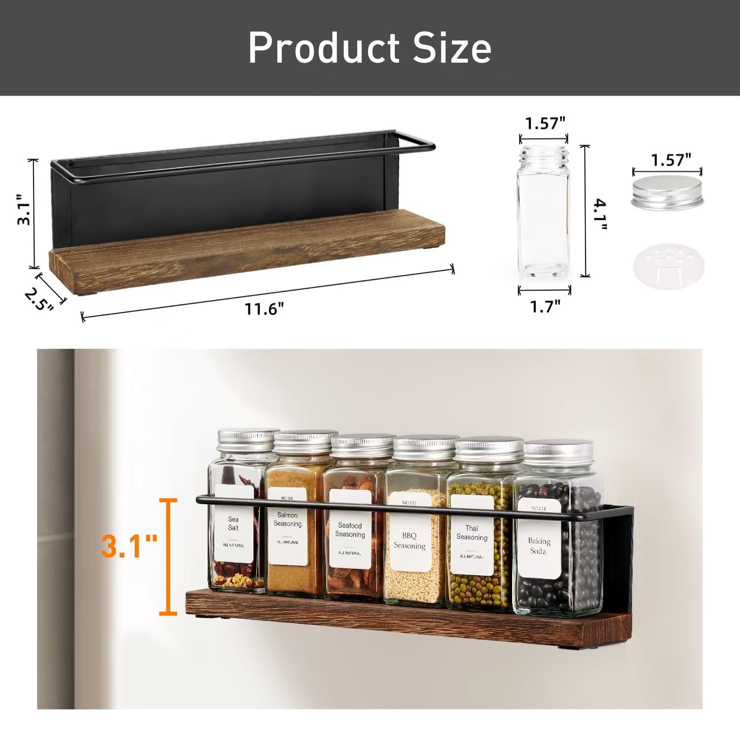 Premium Magnetic Spice Rack Set - 24 Glass Jars with 216 Custom Labels & Steel Funnel - Space-Saving Spice Organizer for Refrigerator, Microwave, Kitchen Cabinet - Perfect for Home Cooking & Baking Organization