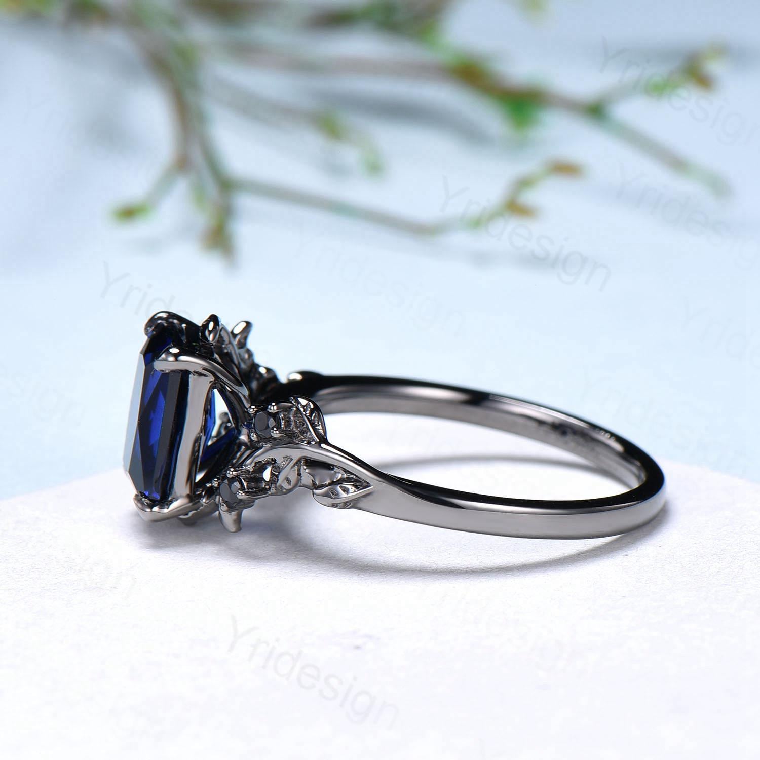 Black Gold Sapphire Engagement Ring - Emerald Cut with Twig Vine Design, September Birthstone, Spinel Cluster Promise Gift for Her | Perfect for Proposals, Anniversaries & Special Occasions