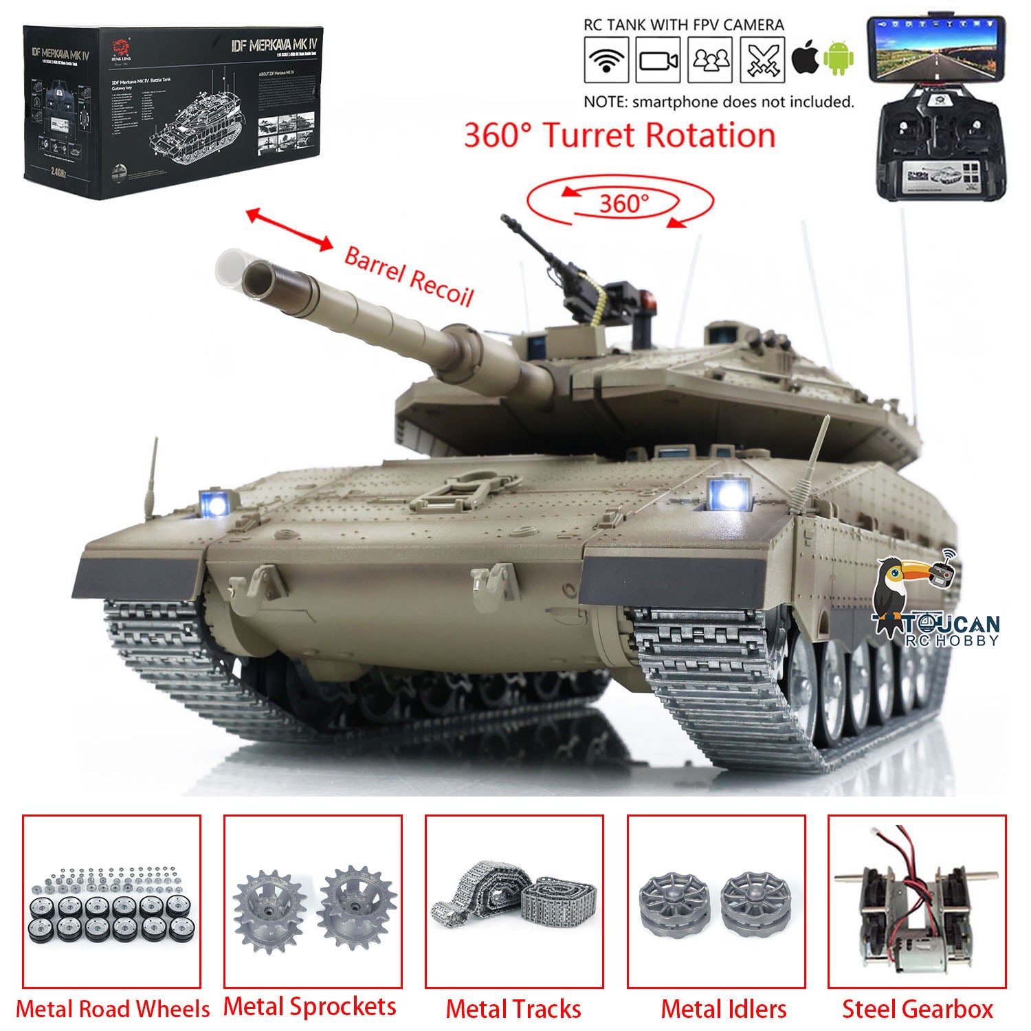 Heng Long 1/16 Scale Remote Control Tank - IDF Merkava MK IV Pro Edition with Metal Road Wheels & Tracks | FPV RC Military Vehicle for Adults & Collectors | Battle Simulation & Outdoor Play