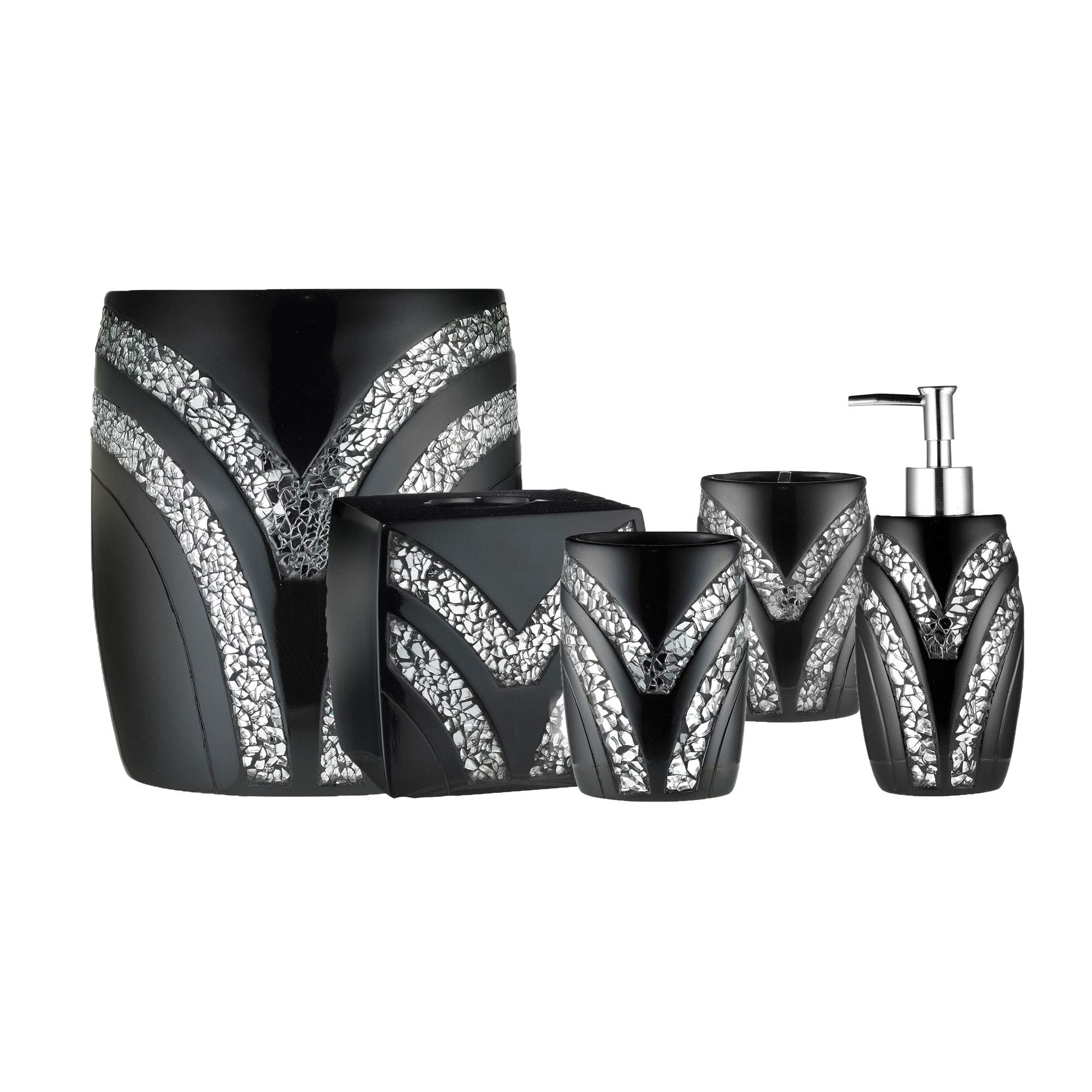 Premium 5-Piece Bathroom Accessory Set - Soap Dispenser, Toothbrush Holder, Drinking Cup, Trash Can & Tissue Box (Black) - Modern Bathroom Organization for Home, Hotel & Spa Decor