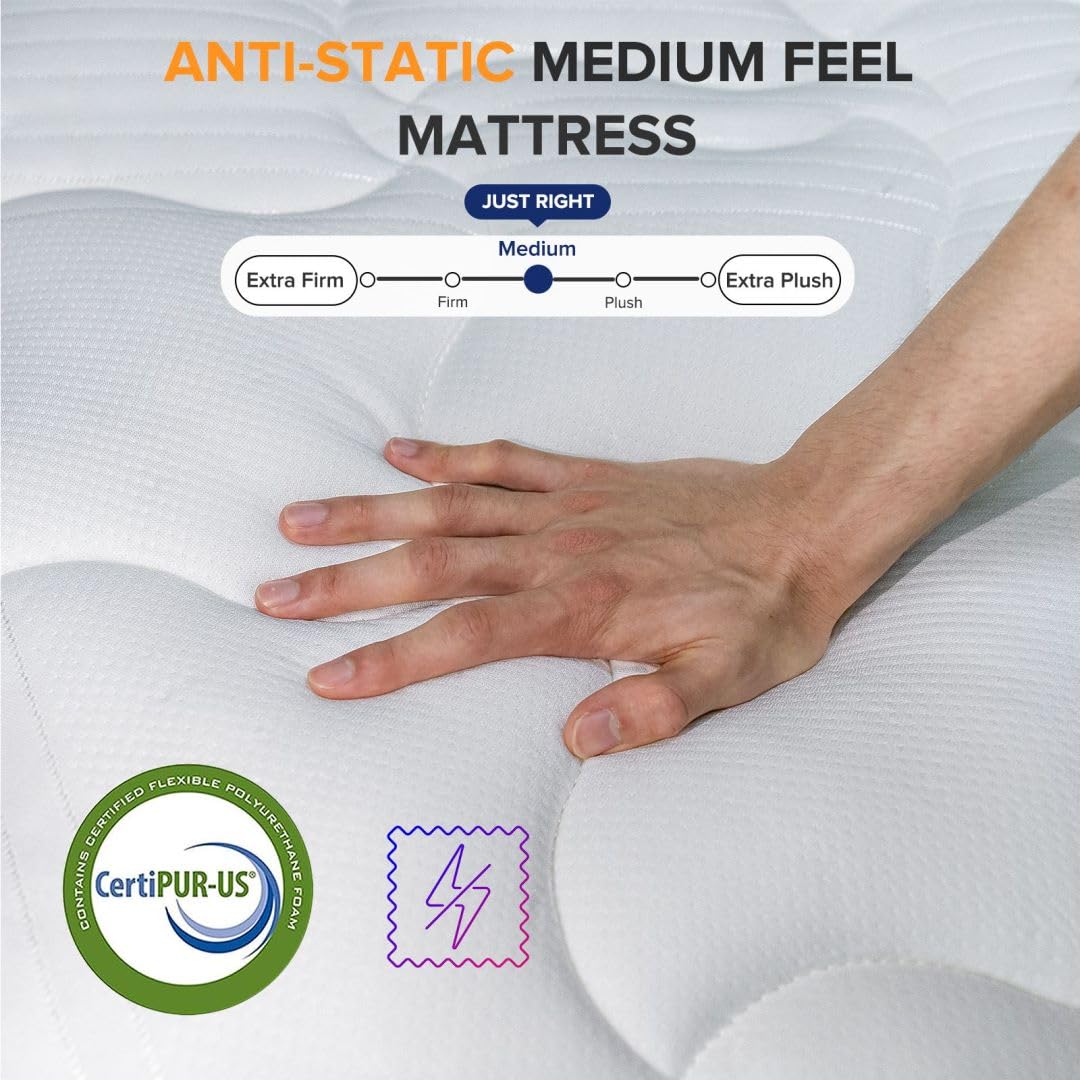 TXO 12 Inch Full Size Hybrid Mattress - Medium Firm with Antistatic Breathable Euro Top Cover, Motion Isolation & Pressure Relief - Bed in a Box for Back Pain Relief | Perfect for Guest Rooms, Dorms & Apartments