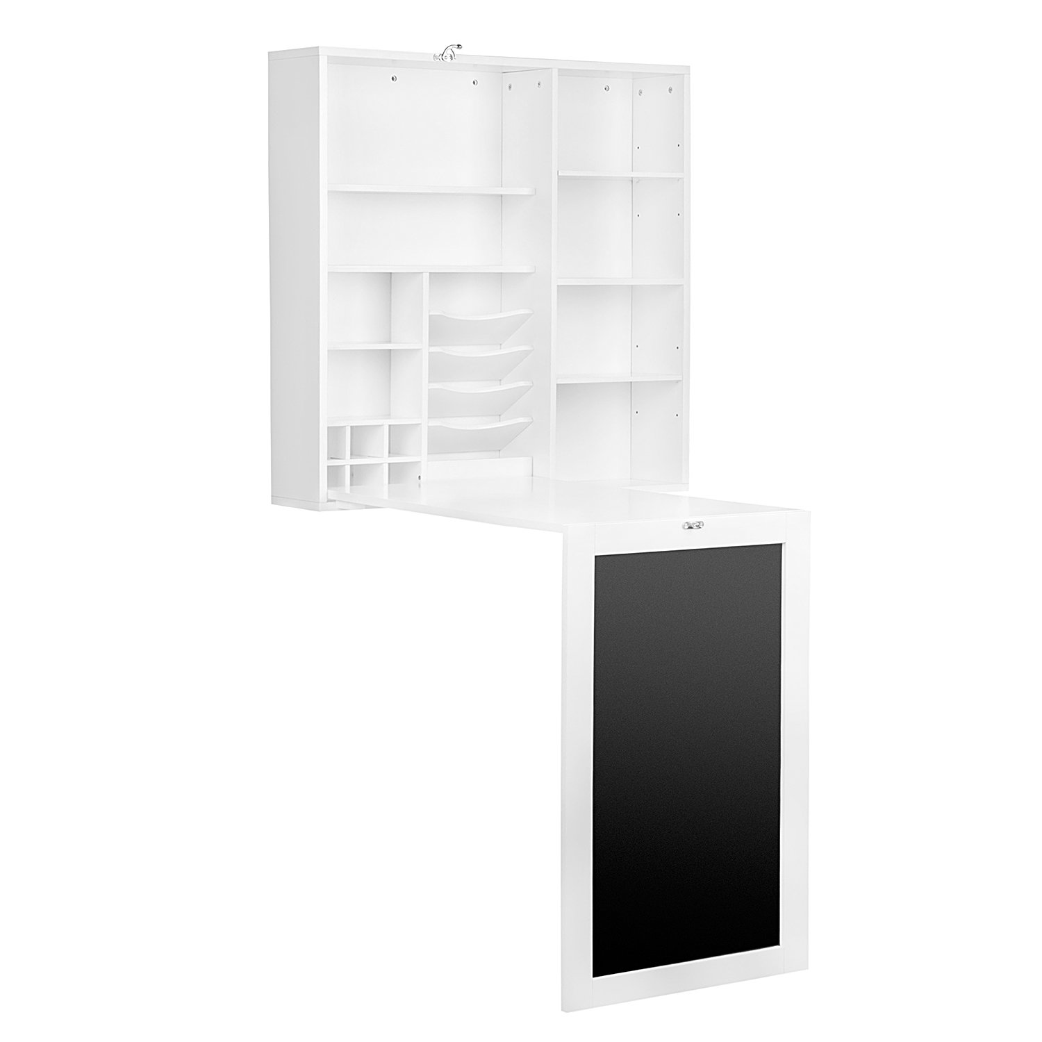 Utopia Alley Foldable Wall Mount Desk with Storage Cabinet & Shelves - Space Saving Home Office Furniture with Chalkboard Surface - Compact Computer Writing Desk for Small Spaces (White) - Perfect for Apartments, Dorms & Home Offices