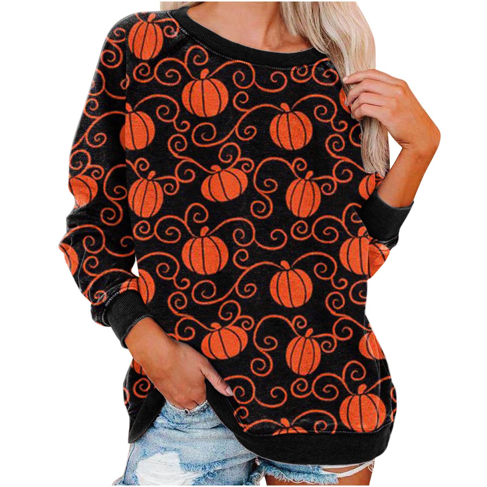 Women's Halloween Pullover Sweatshirt - Cute Pumpkin & Black Cat Print Long Sleeve Blouse, Casual Loose Round Neck T-Shirt | Perfect for Halloween Parties, Fall Festivals & Cozy Autumn Outfits