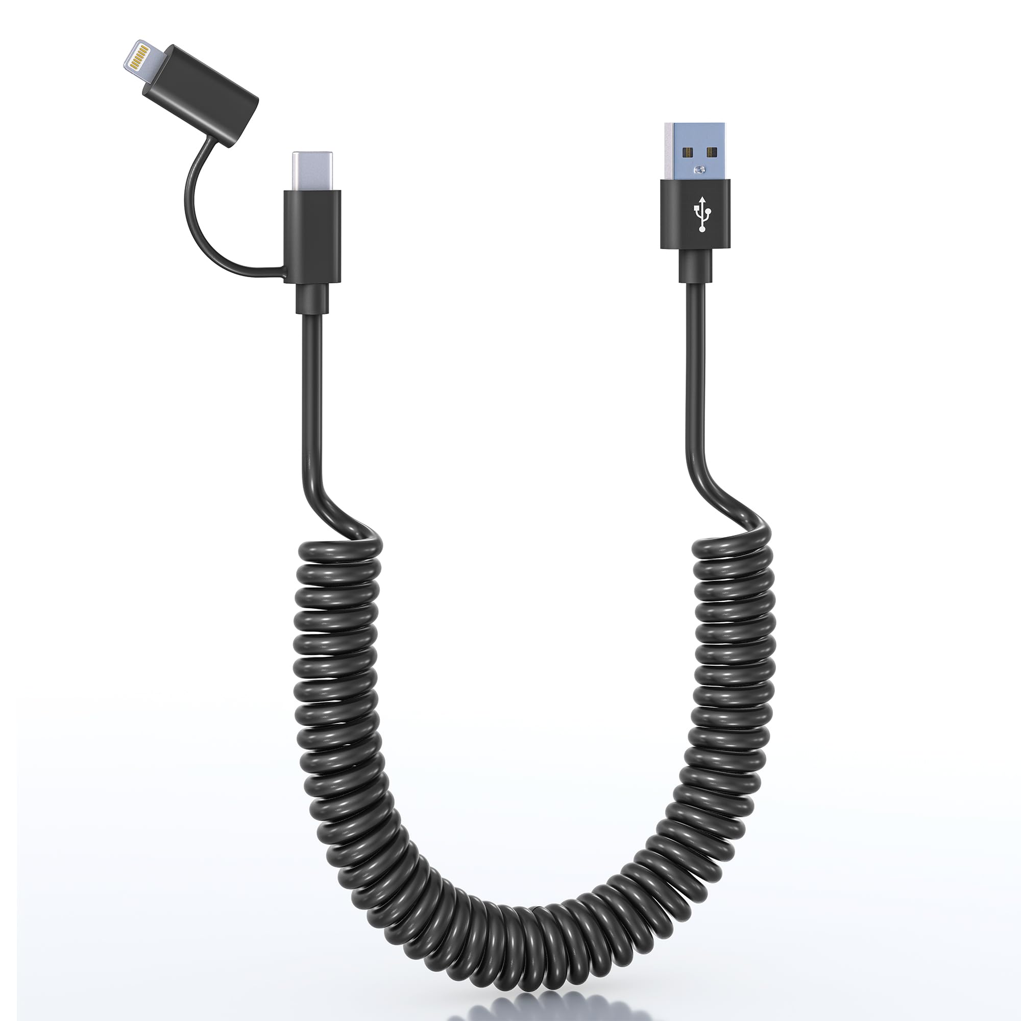 2-in-1 USB to USB-C & Lightning Coiled Cable - 3A Fast Charging & Data Sync for iPhone 15/14/13/12 & Android - 3FT Short Curly Cable (Supports Apple CarPlay & Android Auto) - Perfect for Car Charging, Home & Office Use