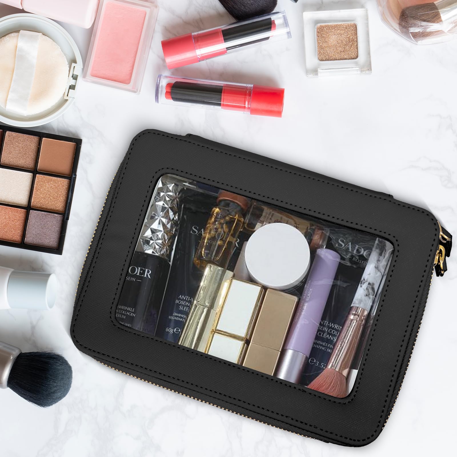 Waterproof Clear Makeup Bag for Women - Medium Black Cosmetic Organizer with Zipper | Travel Toiletry Bag for Mom, Wife | Perfect for Airplane Carry-on, Gym Essentials & Daily Beauty Storage