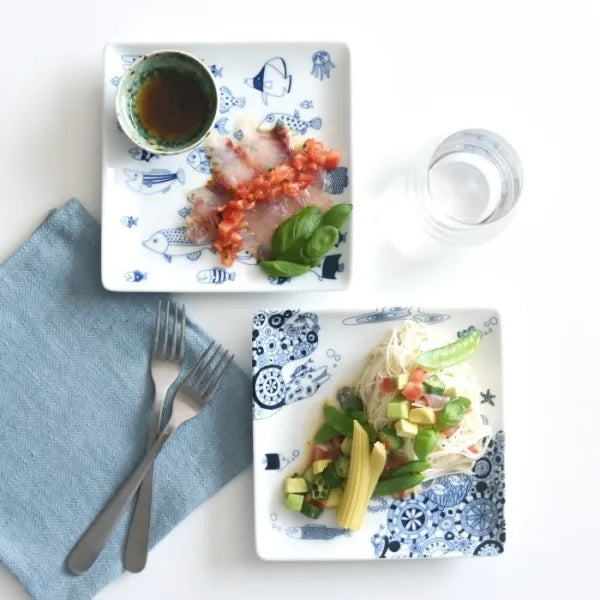 Premium Japanese Hasami Yaki Square Plates - Set of 4, Handcrafted Ceramic Dinnerware with Marine Life Design - Perfect for Sushi, Appetizers & Home Decor