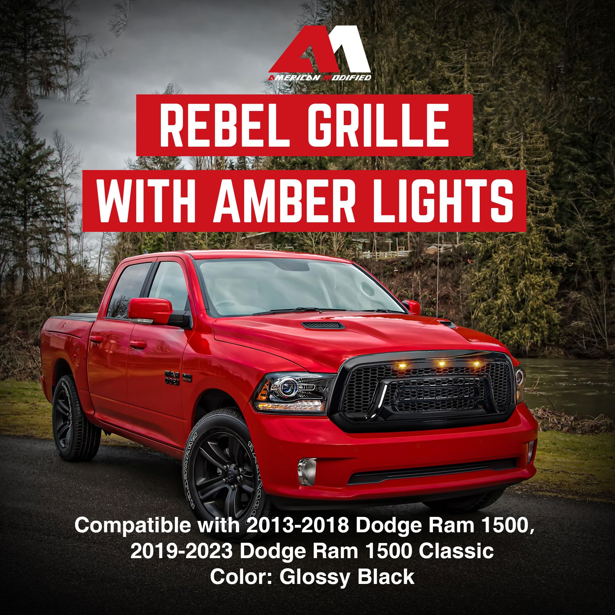 AMERICAN MODIFIED Front Grille Replacement for 2013-2018 Dodge Ram 1500 | Glossy Black Truck Grill with Amber LED Lights | Perfect for Off-Roading & Custom Truck Upgrades