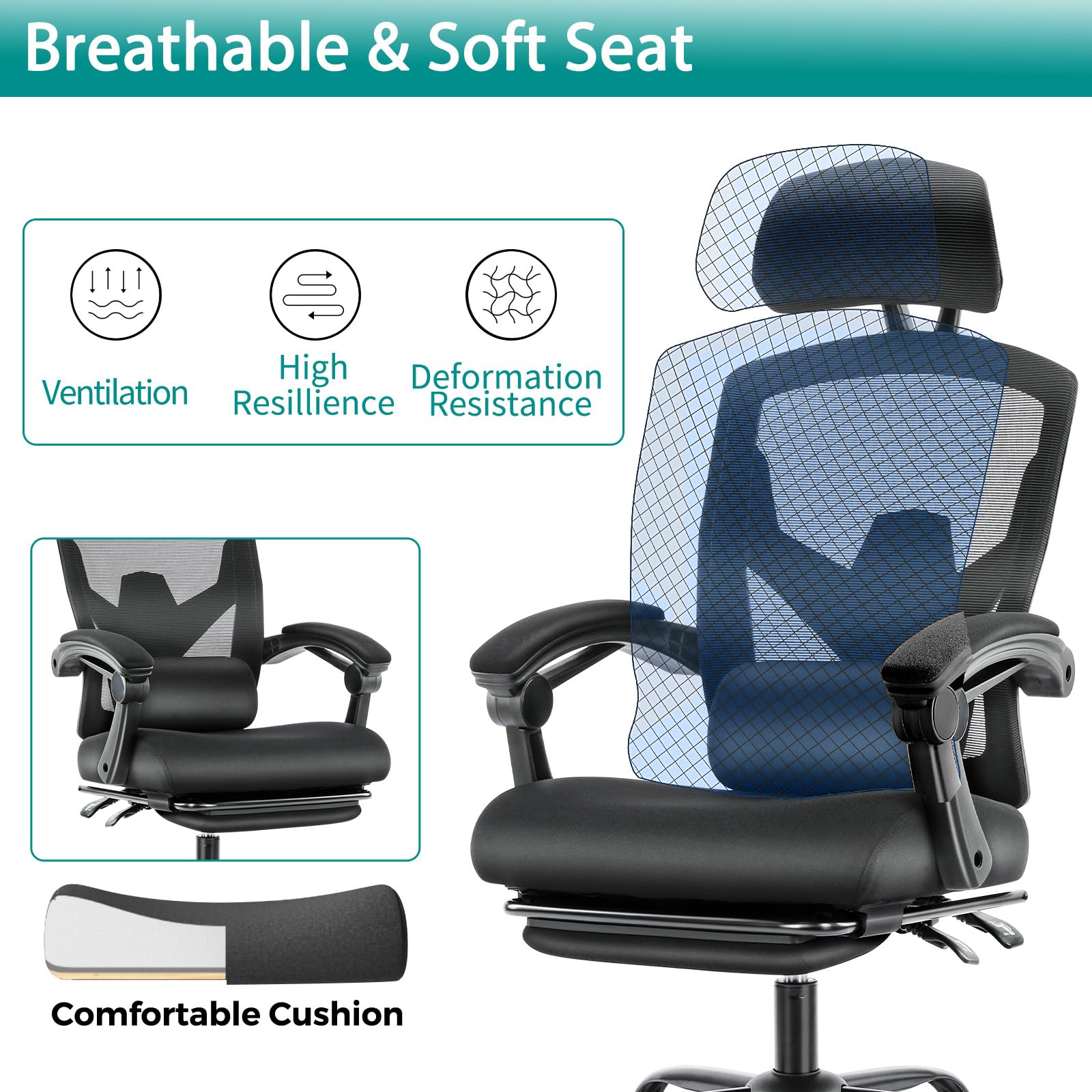 DUMOS Ergonomic High-Back Mesh Office Chair with Adjustable Footrest - Swivel Rolling Recliner with Wheels, Lumbar Support & Headrest - Comfortable Desk Chair for Home Office, Gaming & Study - Perfect for Long Working Hours & Online Classes - Black