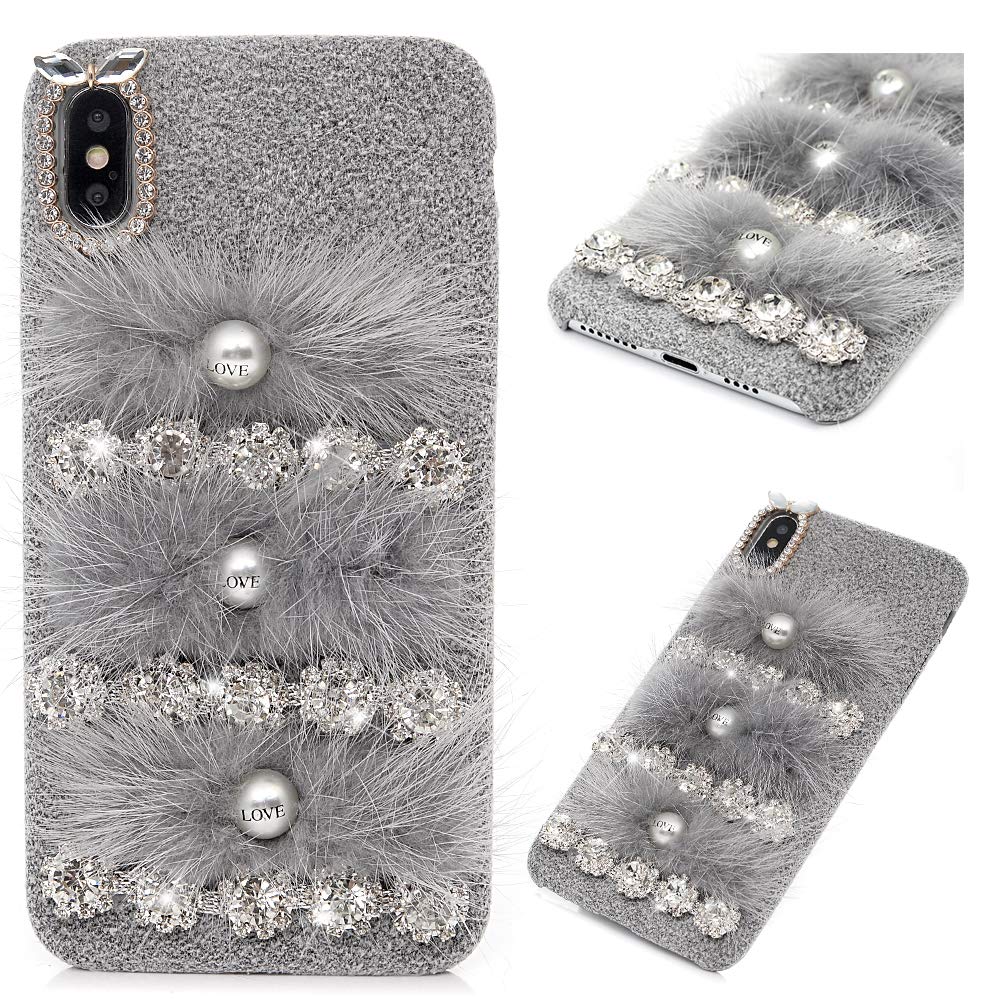 MOLLYCOOCLE iPhone Xs/X Case - Winter Fashion Gray Bling Rhinestone Fluffy Pearl Phone Cover for Women & Girls | Perfect for Parties, Holidays & Everyday Glam (5.8 Inch)